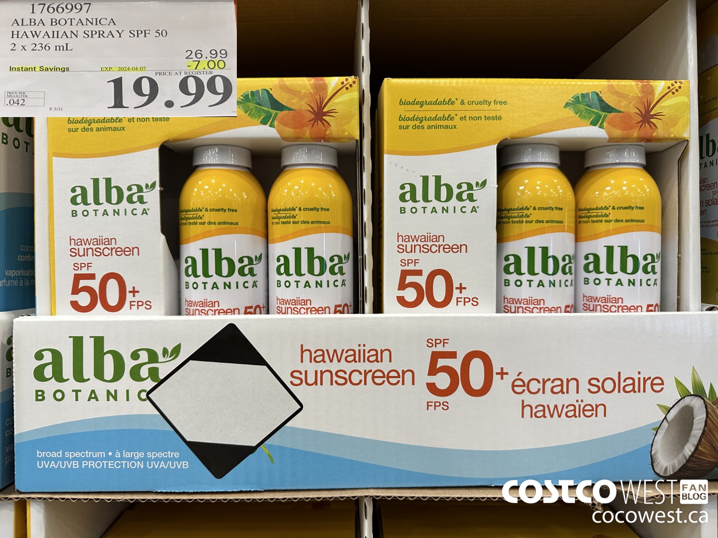1766997 ALBA BOTANICA HAWAIIAN SPRAY SPF 50 2 X 236 ML ($7.00 INSTANT SAVINGS EXPIRES ON 2024-04-07) $19.99