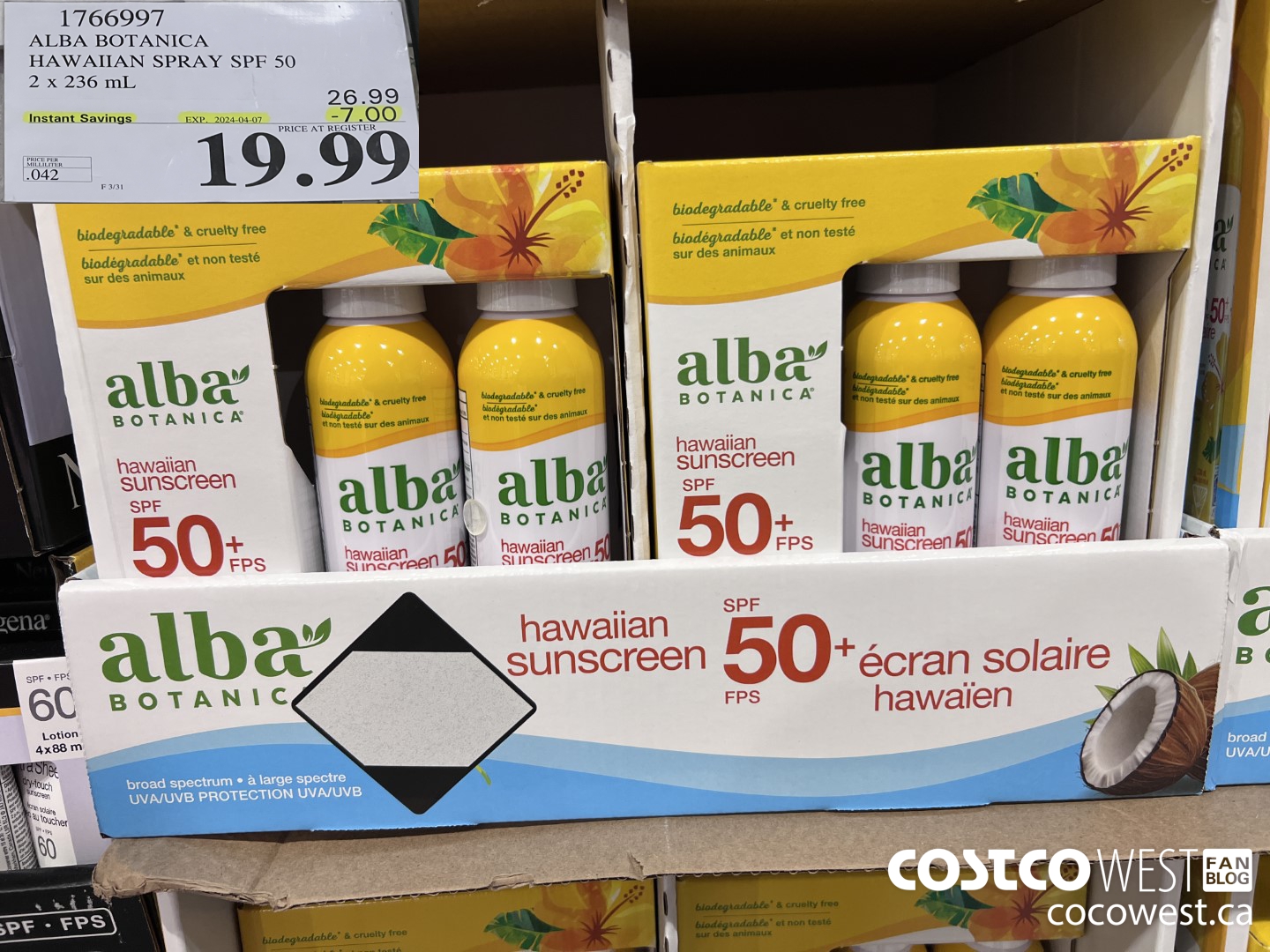 1766997 ALBA BOTANICA HAWAIIAN SPRAY SPF 50 2 X 236 ML ($7.00 INSTANT SAVINGS EXPIRES ON 2024-04-07) $19.99