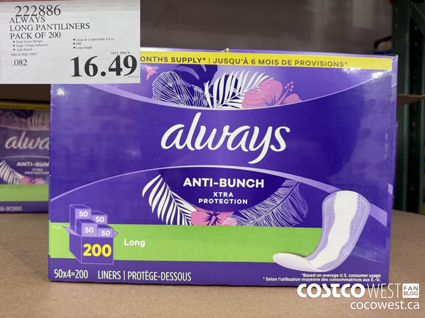 222886 ALWAYS DRI-LINERS LONG PANTILINERS PACK OF 200 $16.49