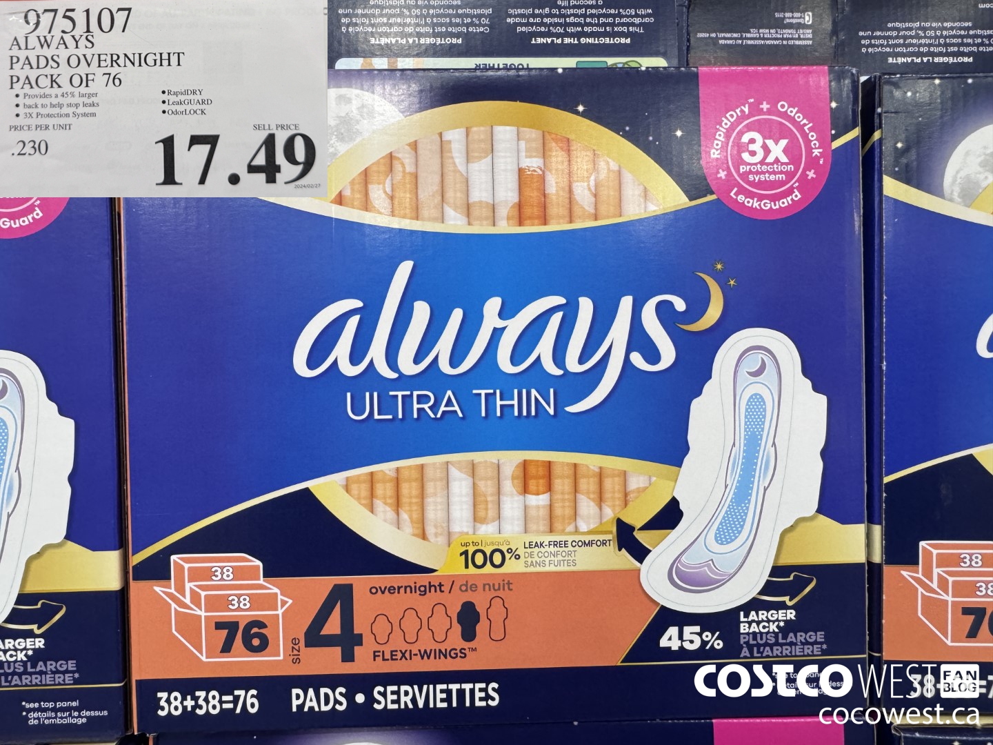975107 ALWAYS ULTRA THIN PADS OVERNIGHT BOX OF 76 $17.49