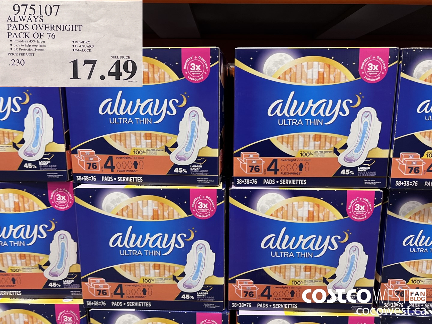 975107 ALWAYS ULTRA THIN PADS OVERNIGHT BOX OF 76 $17.49