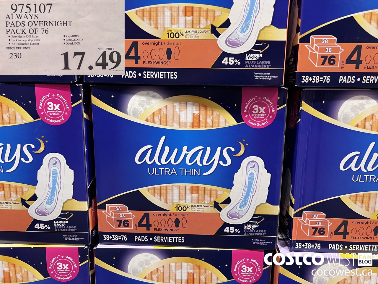 975107 ALWAYS ULTRA THIN PADS OVERNIGHT BOX OF 76 $17.49