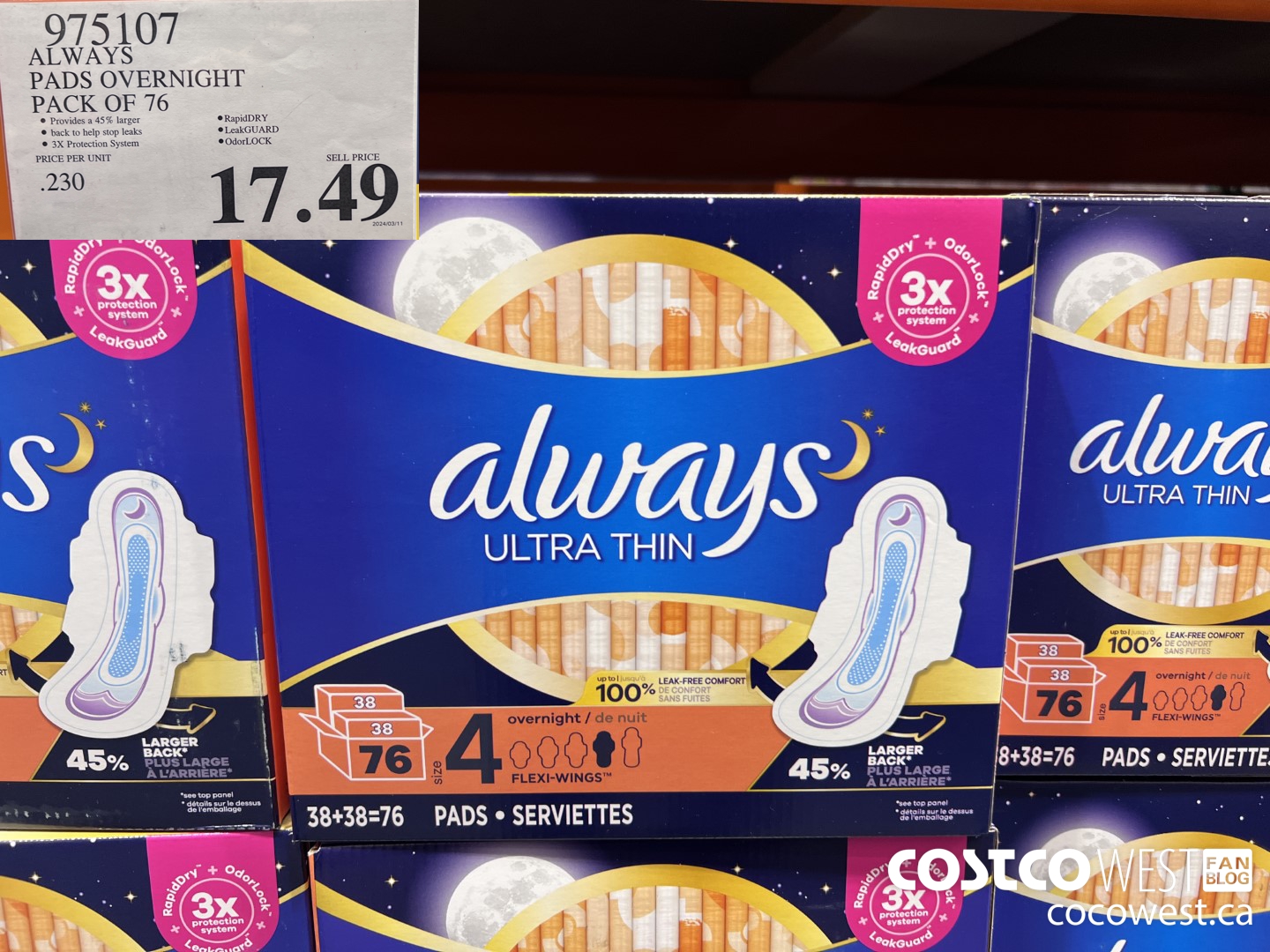 975107 ALWAYS ULTRA THIN PADS OVERNIGHT BOX OF 76 $17.49