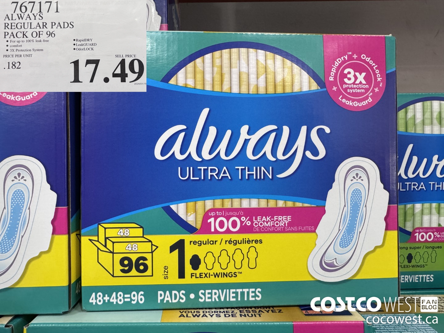 767171 ALWAYS ULTRA THIN PADS REGULAR 96CT $17.49