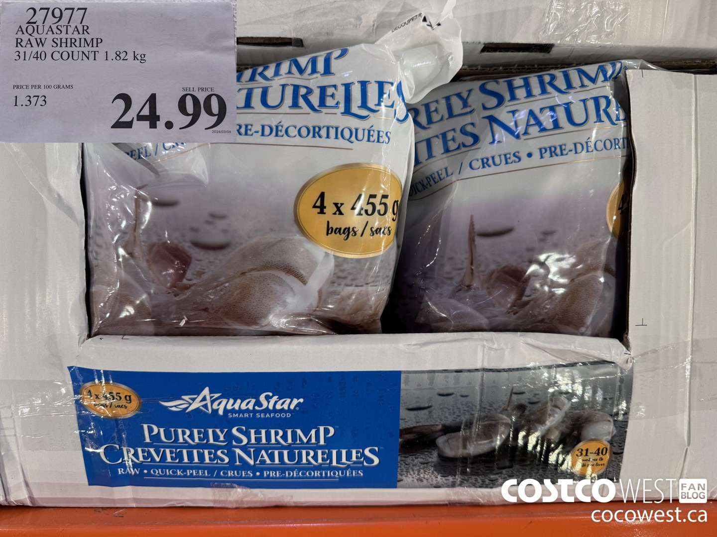 27977 AQUASTAR RAW SHRIMP 31/40 COUNT 1.82 kg  $24.99