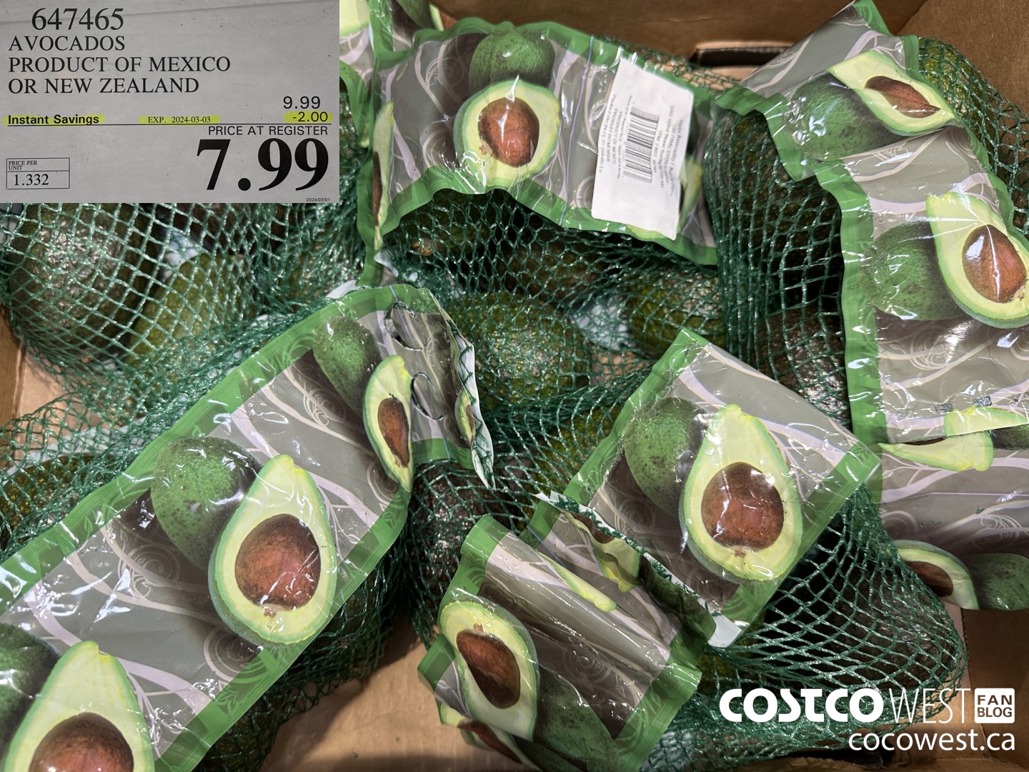 647465 AVOCADOS PRODUCT OF MEXICO OR NEW ZEALAND ($2.00 INSTANT SAVINGS EXPIRES ON 2024-03-03) $7.99
