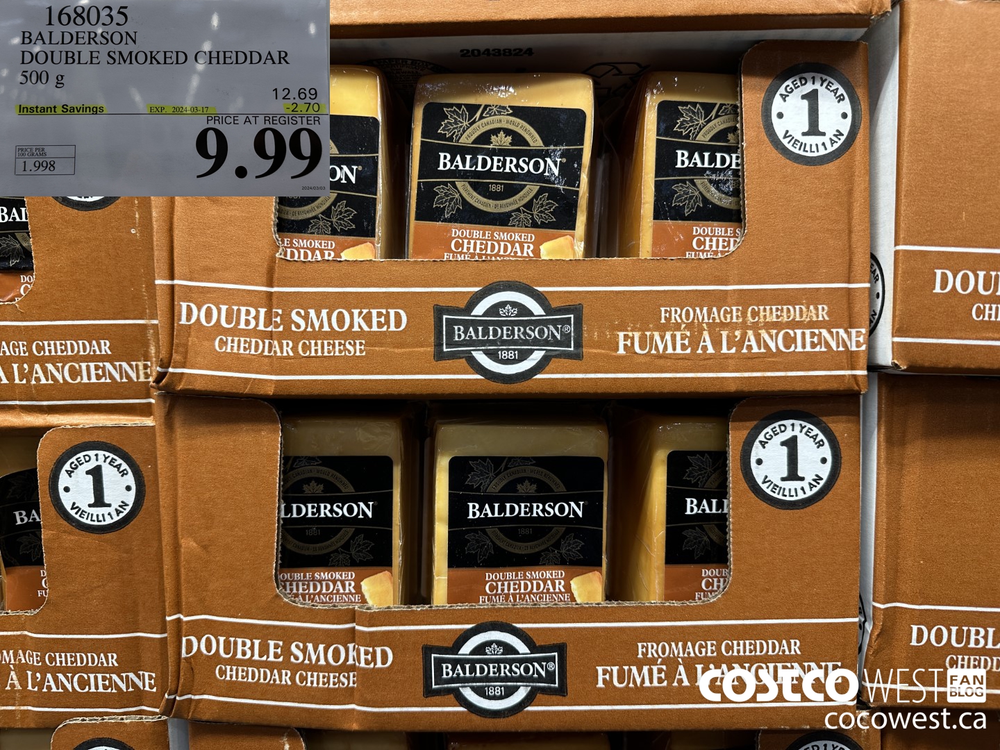 168035 BALDERSON DOUBLE SMOKED CHEDDAR 500 g ($2.70 INSTANT SAVINGS EXPIRES ON 2024-03-17) $9.99