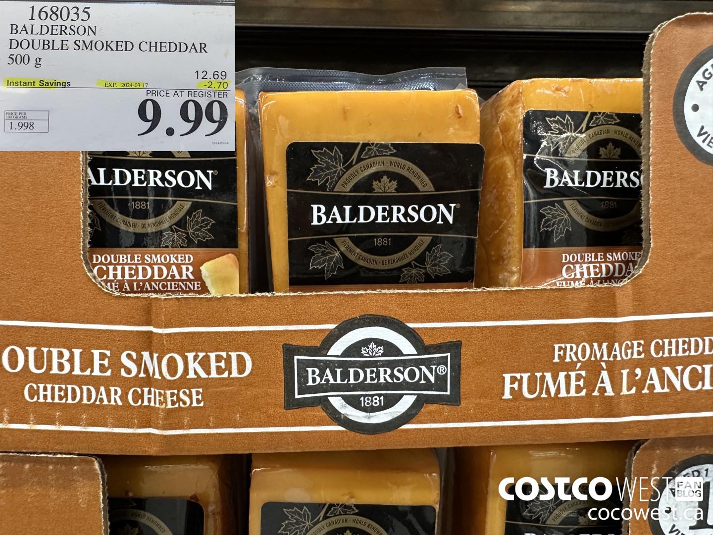 168035 BALDERSON DOUBLE SMOKED CHEDDAR 500 g ($2.70 INSTANT SAVINGS EXPIRES ON 2024-03-17) $9.99