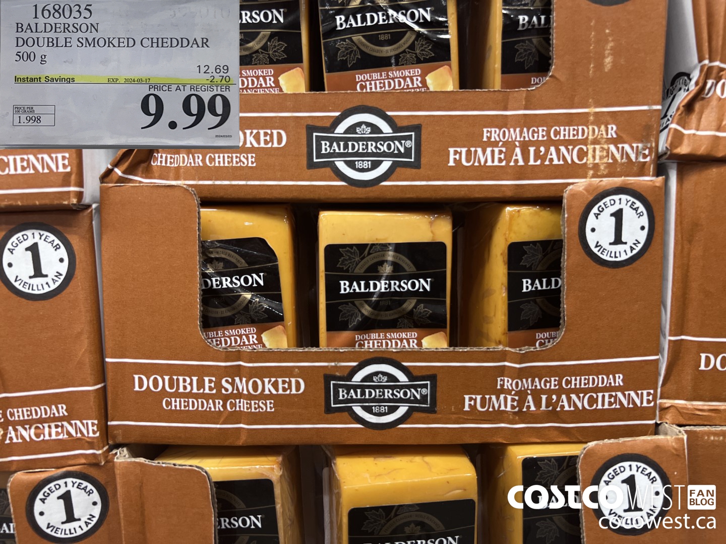 168035 BALDERSON DOUBLE SMOKED CHEDDAR 500 g ($2.70 INSTANT SAVINGS EXPIRES ON 2024-03-17) $9.99