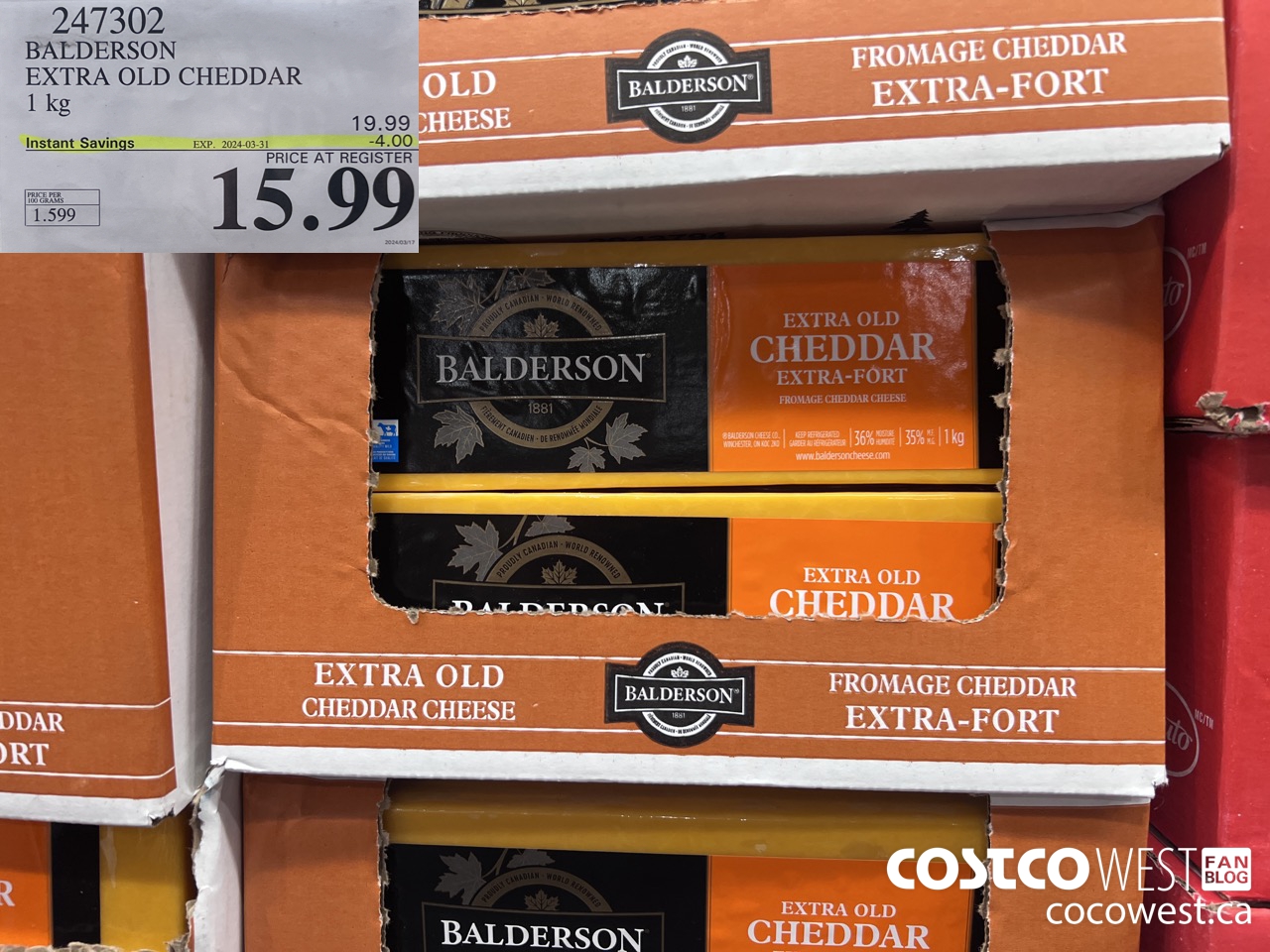 247302 BALDERSON EXTRA OLD CHEDDAR 1 kg ($4.00 INSTANT SAVINGS EXPIRES ON 2024-03-31) $15.99