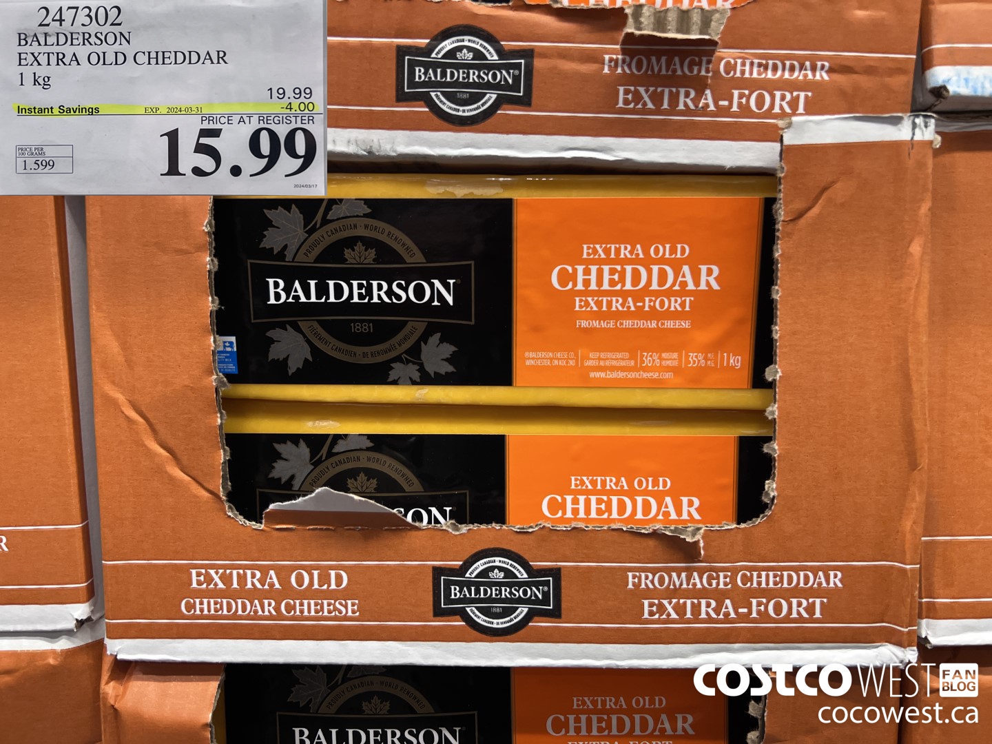 247302 BALDERSON EXTRA OLD CHEDDAR 1 kg ($4.00 INSTANT SAVINGS EXPIRES ON 2024-03-31) $15.99