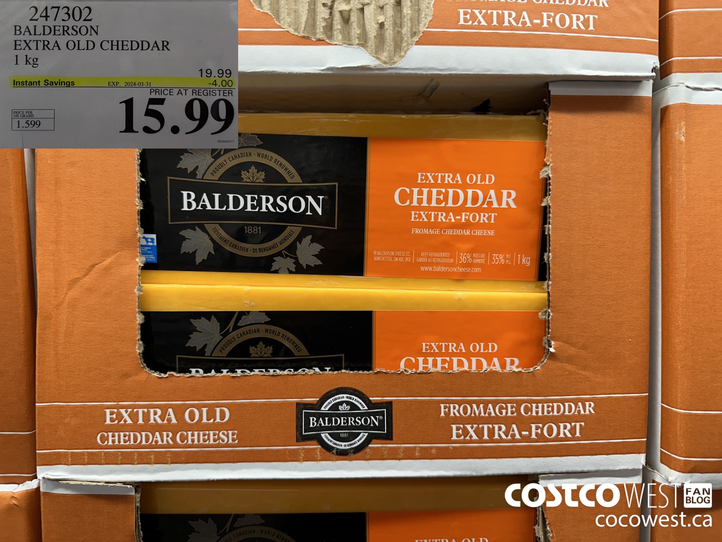 247302 BALDERSON EXTRA OLD CHEDDAR 1 kg ($4.00 INSTANT SAVINGS EXPIRES ON 2024-03-31) $15.99