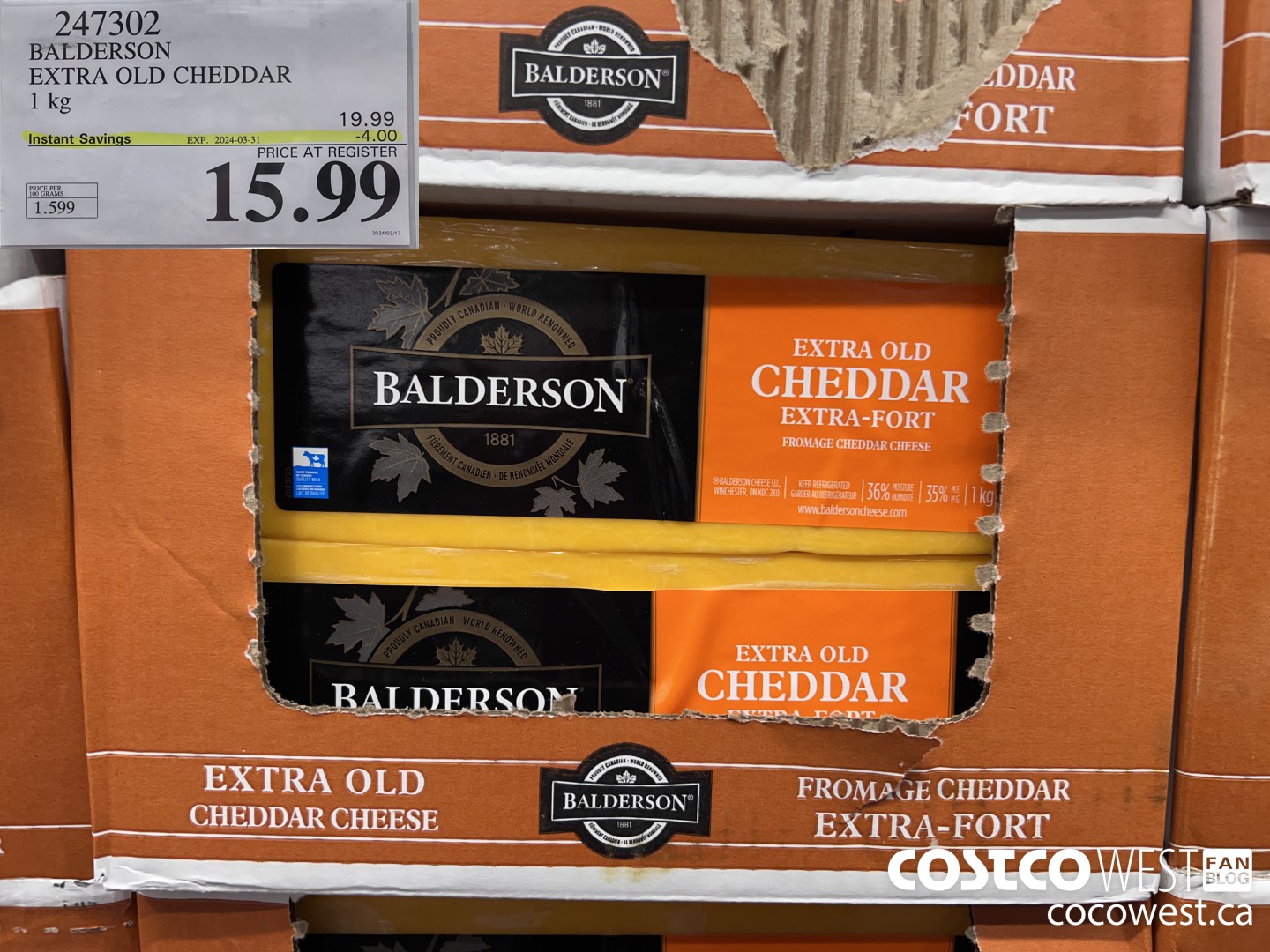 247302 BALDERSON EXTRA OLD CHEDDAR 1 kg ($4.00 INSTANT SAVINGS EXPIRES ON 2024-03-31) $15.99