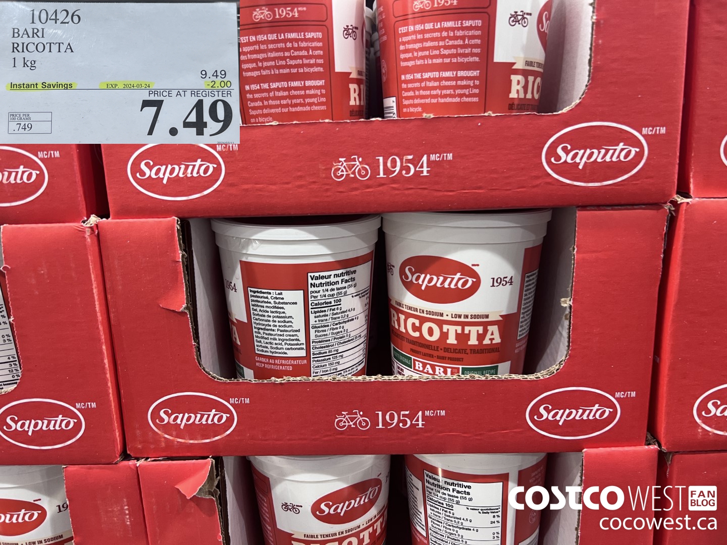 10426 BARI RICOTTA 1 kg ($2.00 INSTANT SAVINGS EXPIRES ON 2024-03-24) $7.49