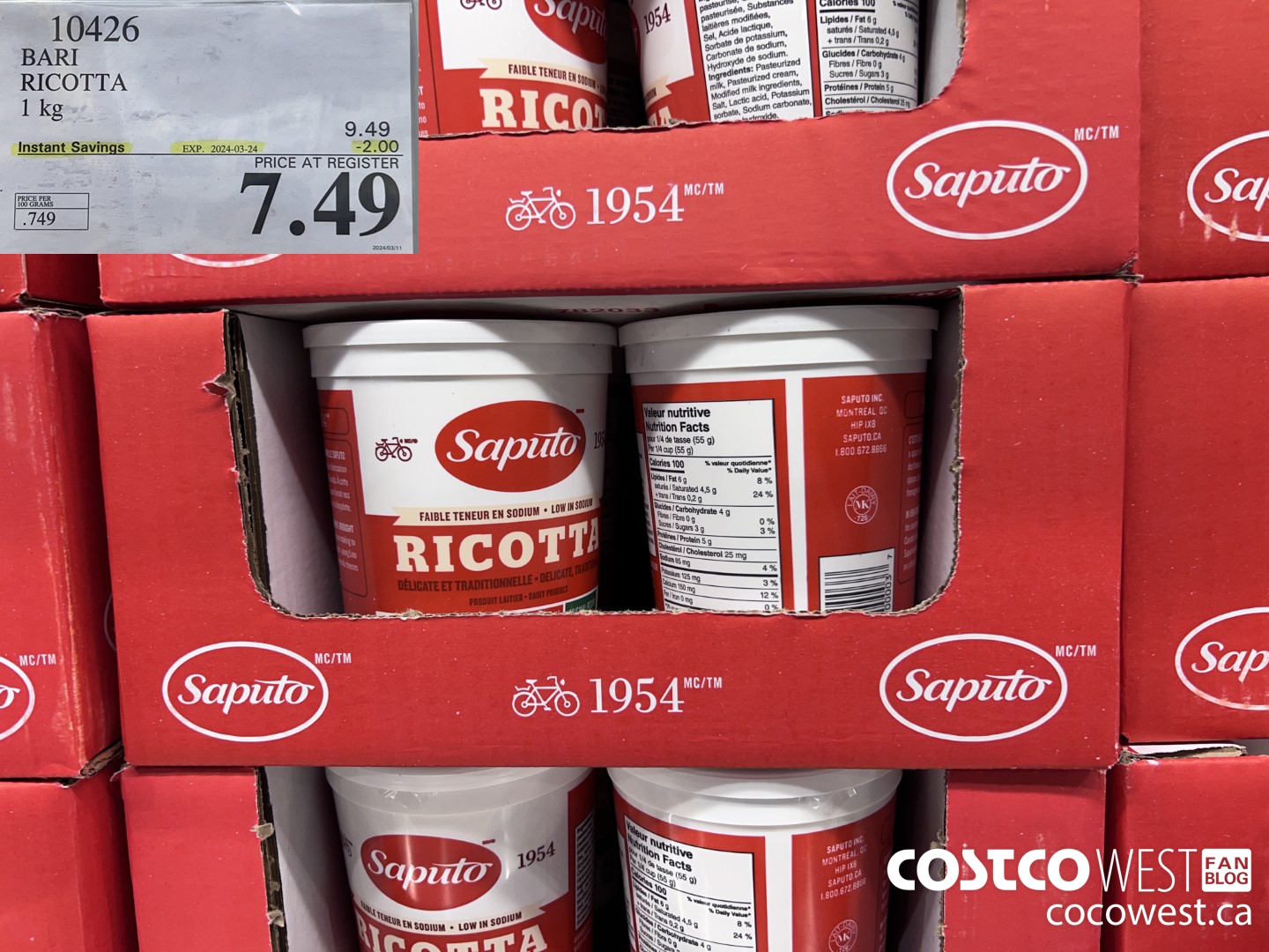 10426 BARI RICOTTA 1 kg ($2.00 INSTANT SAVINGS EXPIRES ON 2024-03-24) $7.49