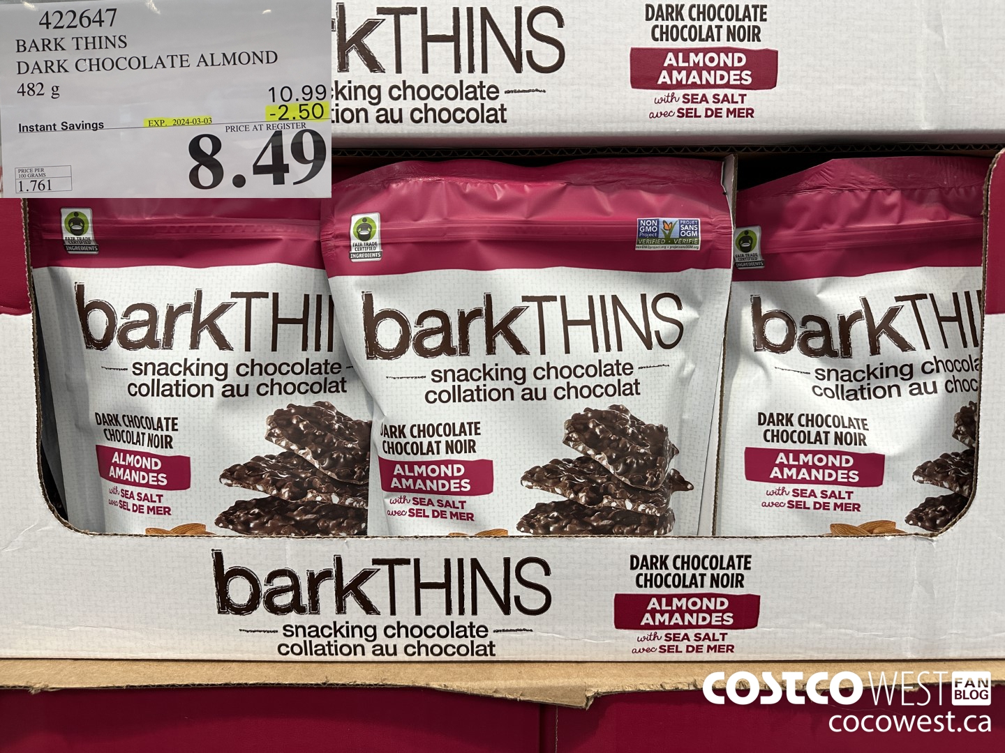 422647 BARK THINS DARK CHOCOLATE ALMOND 482 g ($2.50 INSTANT SAVINGS EXPIRES ON 2024-03-03) $8.49