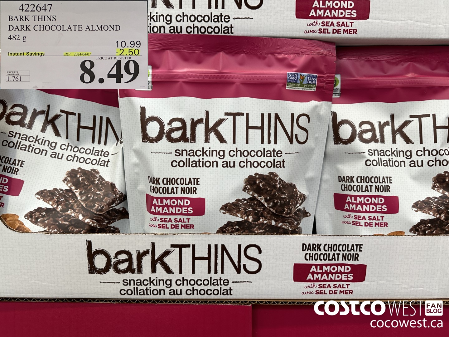 422647 BARK THINS DARK CHOCOLATE ALMOND 482 g ($2.50 INSTANT SAVINGS EXPIRES ON 2024-04-07) $8.49