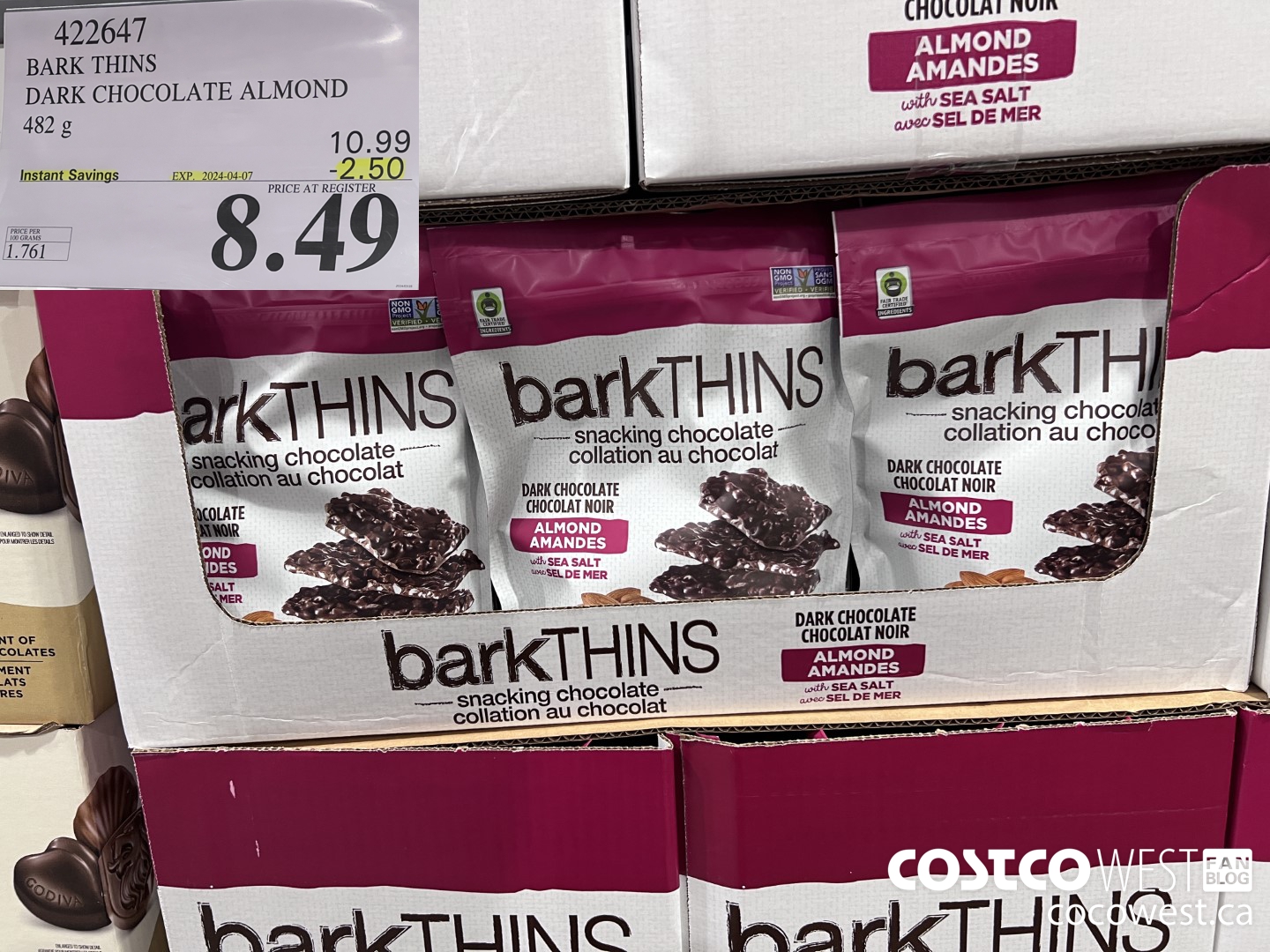 422647 BARK THINS DARK CHOCOLATE ALMOND 482 g ($2.50 INSTANT SAVINGS EXPIRES ON 2024-04-07) $8.49