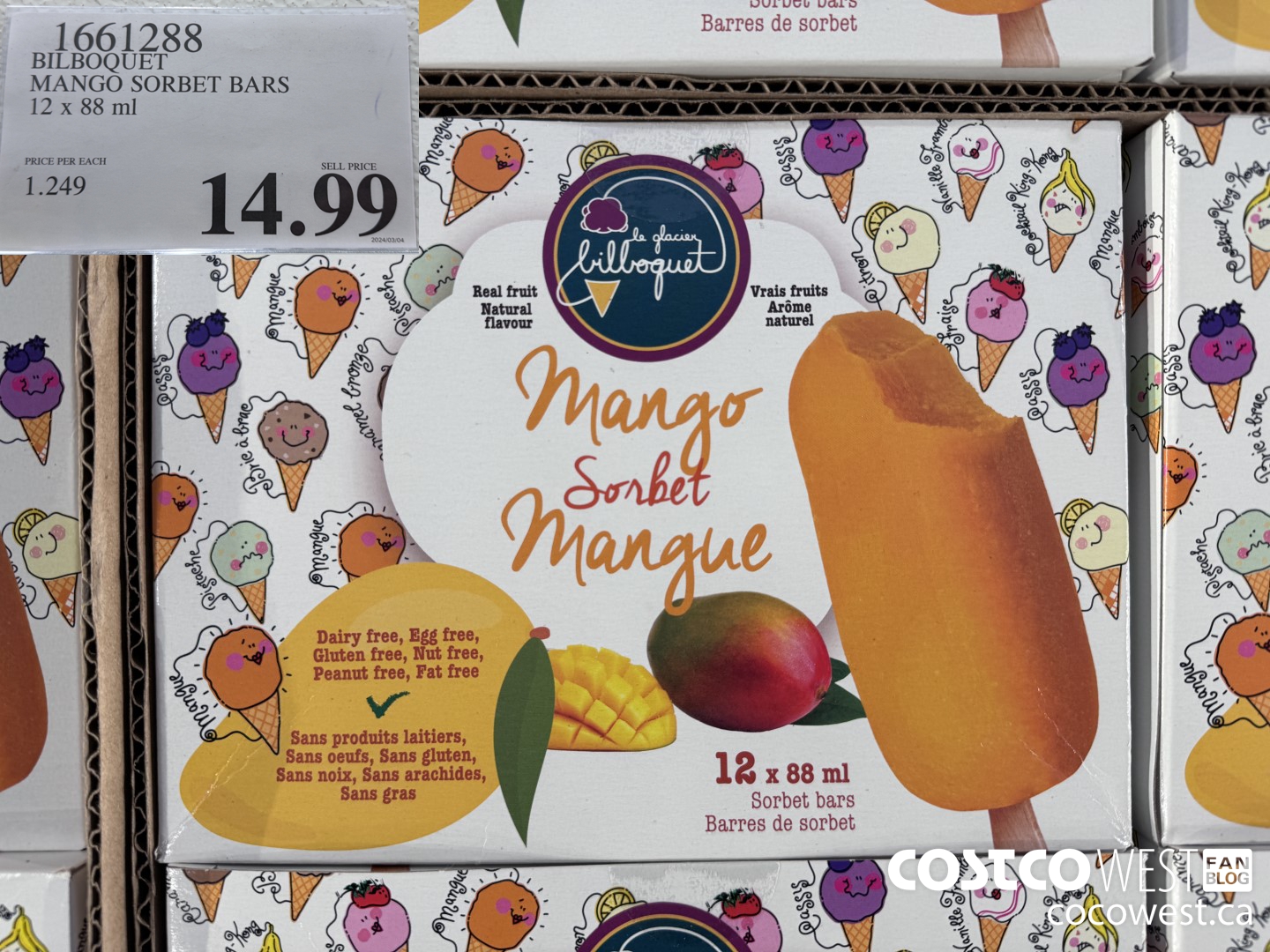 1661288 BILBOQUET MANGO SORBET BARS 12 X 88 ML $14.99