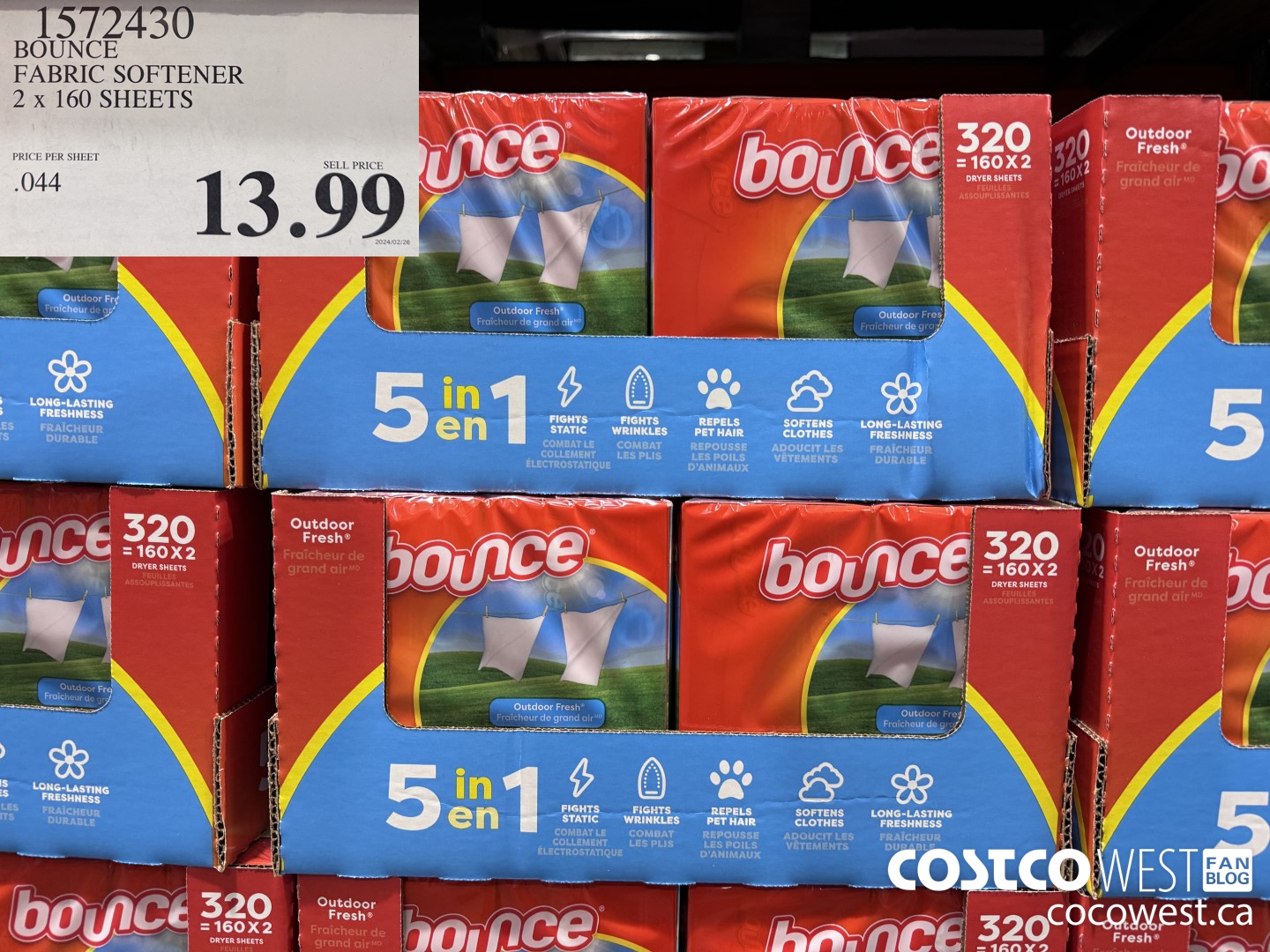 1572430 BOUNCE FABRIC SOFTENER 2 X 160 SHEETS $13.99