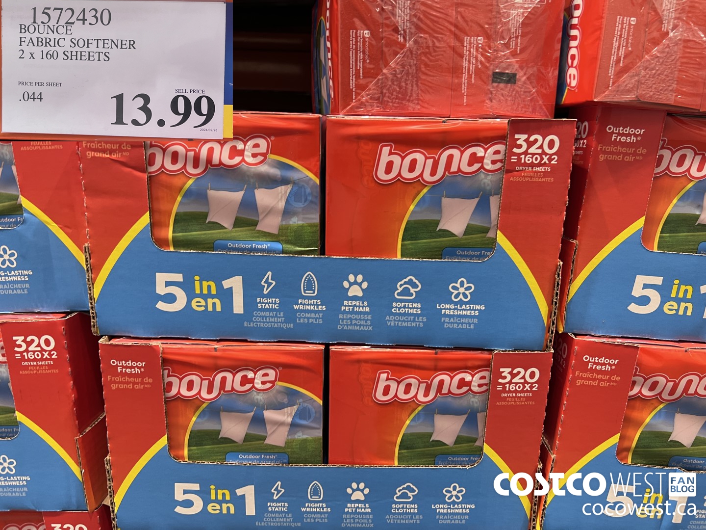 1572430 BOUNCE FABRIC SOFTENER 2 X 160 SHEETS $13.99