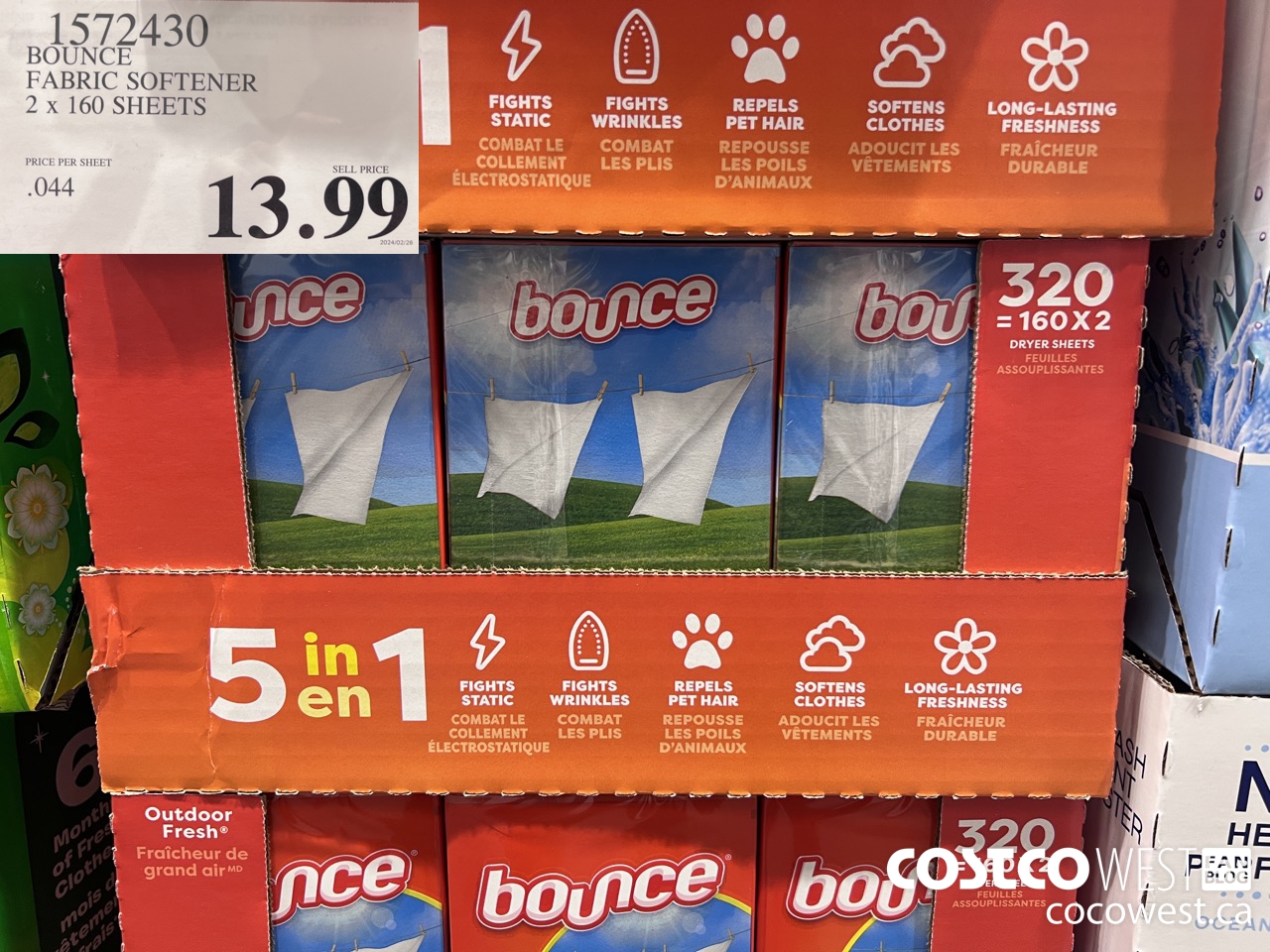 1572430 BOUNCE FABRIC SOFTENER 2 X 160 SHEETS $13.99