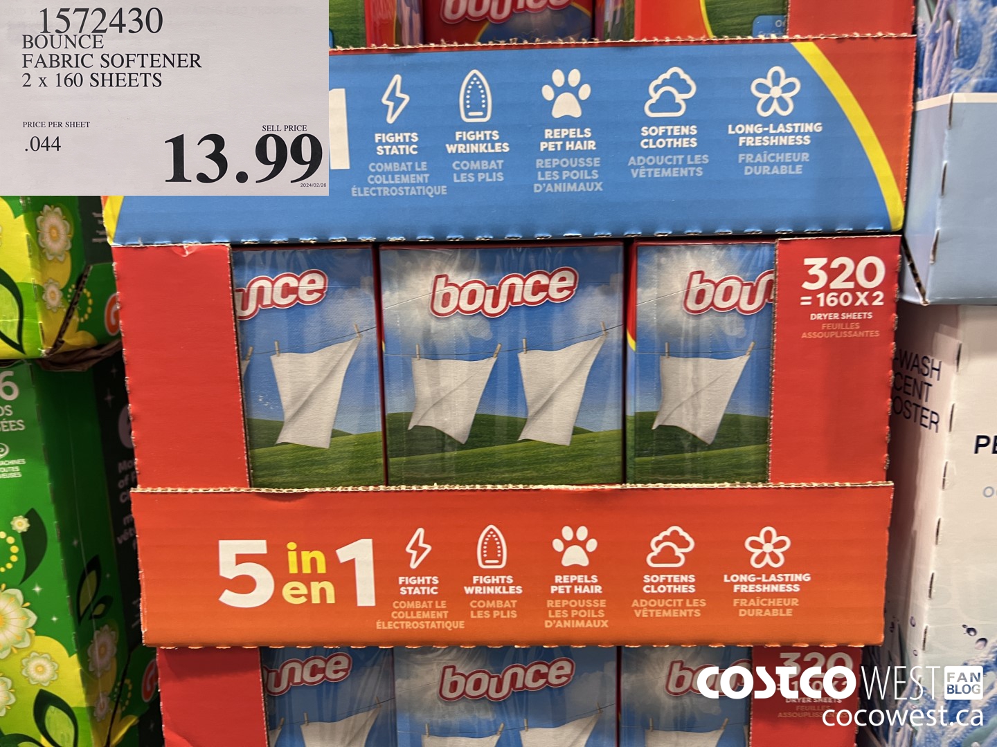 1572430 BOUNCE FABRIC SOFTENER 2 X 160 SHEETS $13.99