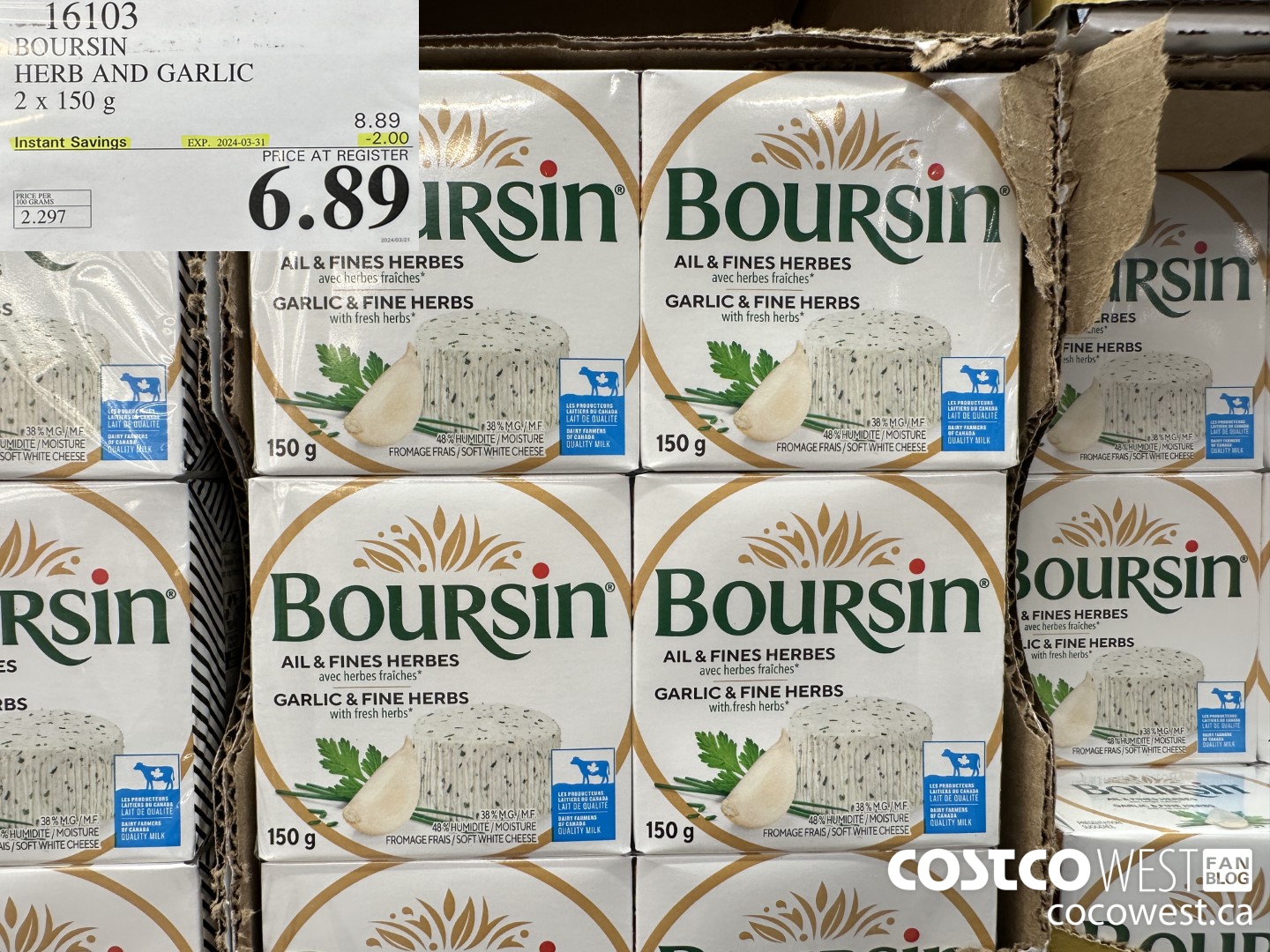 16103 BOURSIN HERB AND GARLIC 2 x 150 g ($2.00 INSTANT SAVINGS EXPIRES ON 2024-03-31) $6.89