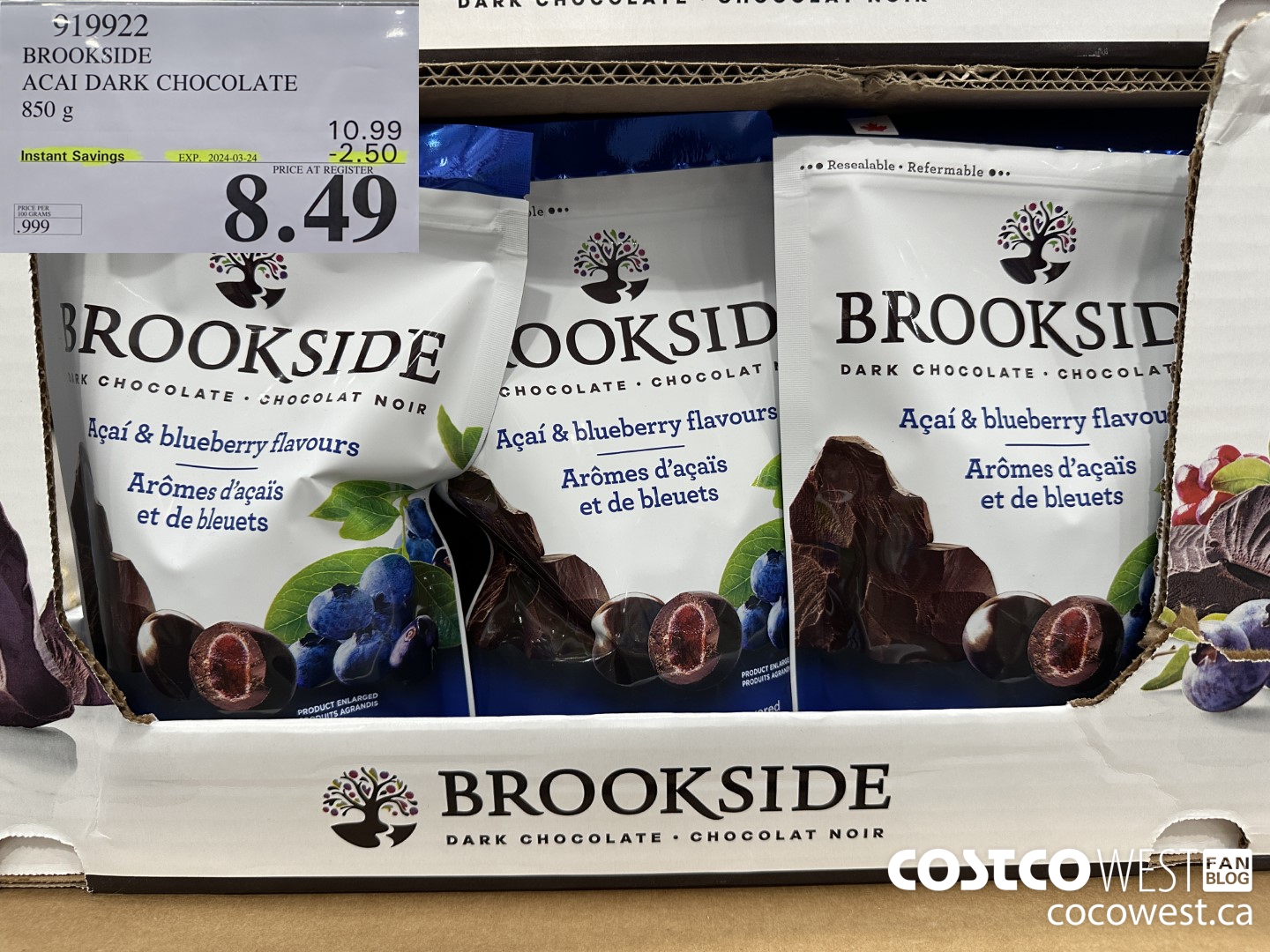 919922 BROOKSIDE ACAI DARK CHOCOLATE 850 g ($2.50 INSTANT SAVINGS EXPIRES ON 2024-03-24) $8.49