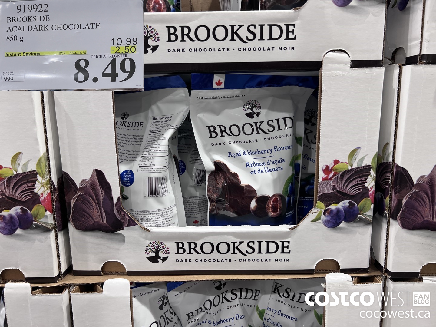 919922 BROOKSIDE ACAI DARK CHOCOLATE 850 g ($2.50 INSTANT SAVINGS EXPIRES ON 2024-03-24) $8.49