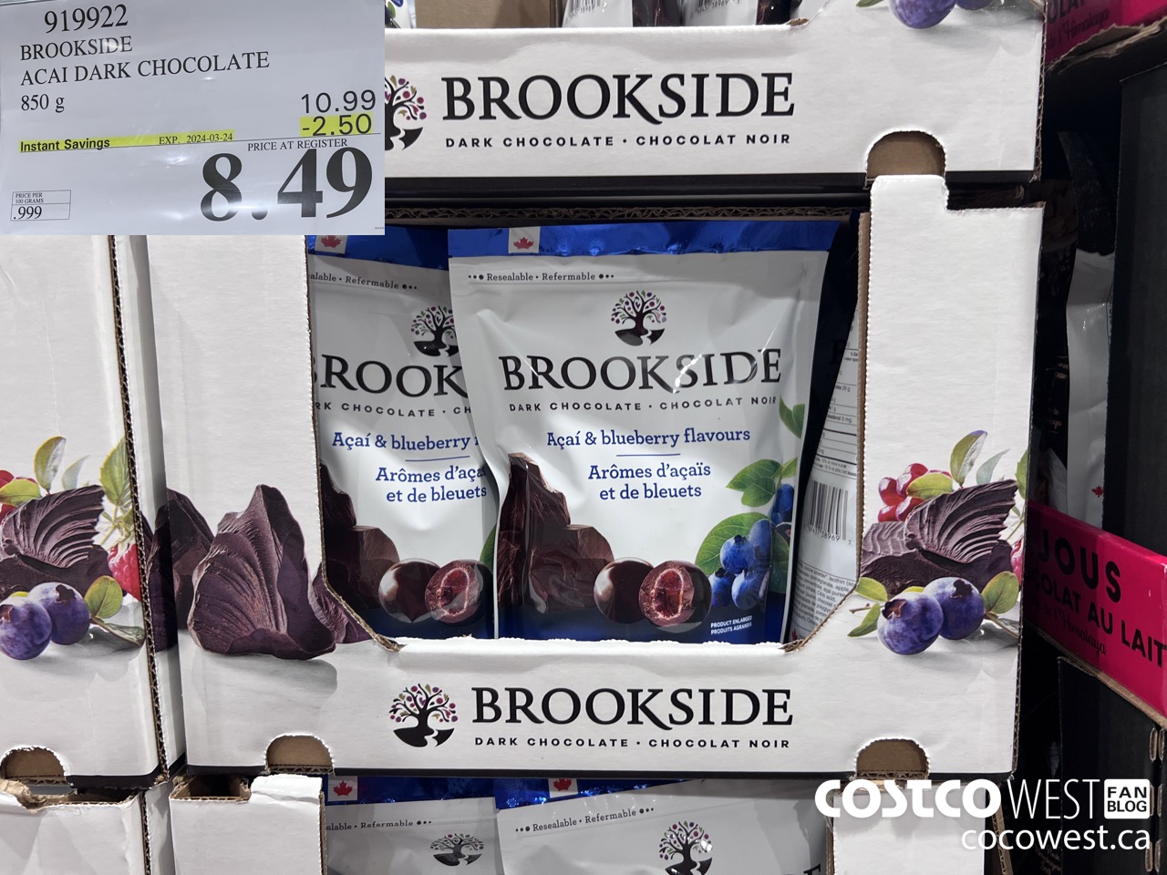 919922 BROOKSIDE ACAI DARK CHOCOLATE 850 g ($2.50 INSTANT SAVINGS EXPIRES ON 2024-03-24) $8.49