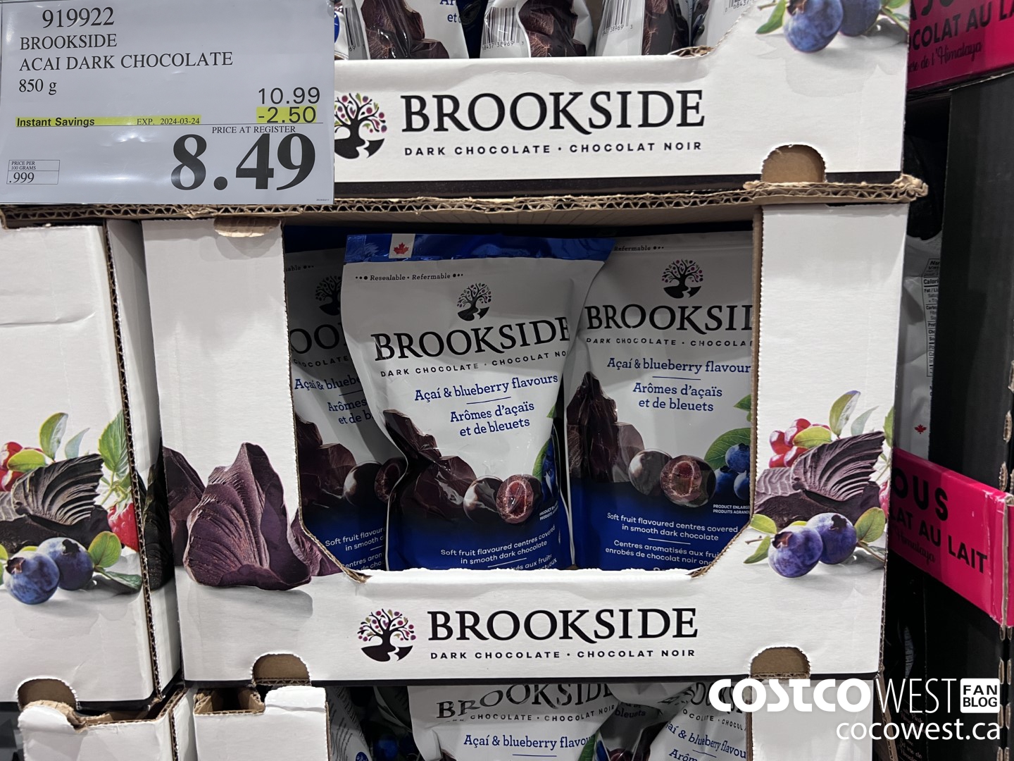 919922 BROOKSIDE ACAI DARK CHOCOLATE 850 g ($2.50 INSTANT SAVINGS EXPIRES ON 2024-03-24) $8.49