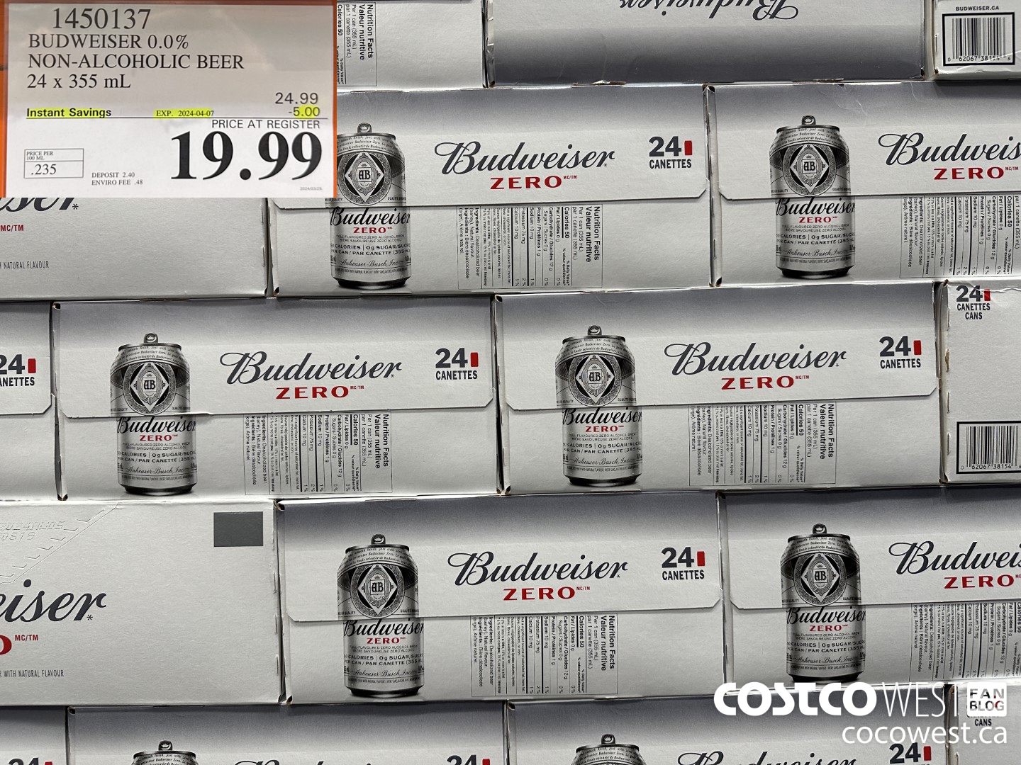 1450137 BUDWEISER 0.0% 24 x 355 mL ($5.00 INSTANT SAVINGS EXPIRES ON 2024-04-07) $19.99