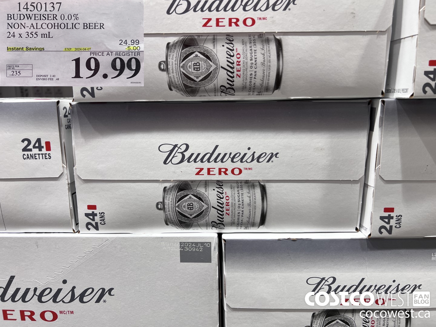 1450137 BUDWEISER 0.0% 24 x 355 mL ($5.00 INSTANT SAVINGS EXPIRES ON 2024-04-07) $19.99