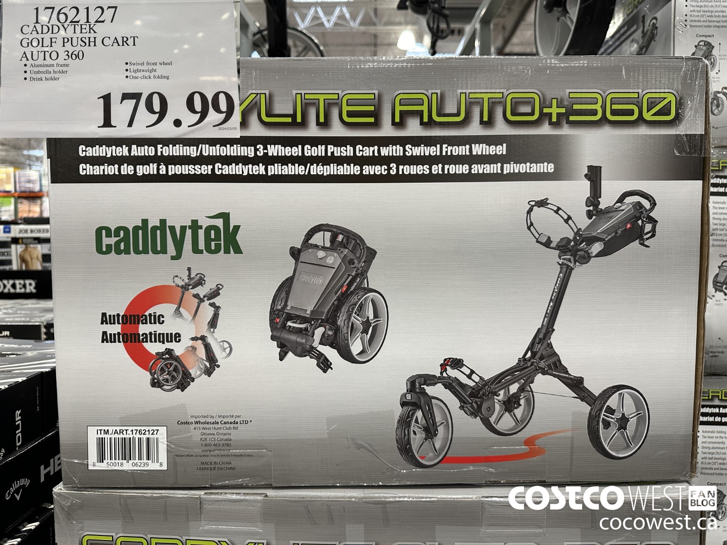 1762127 CADDYTEK GOLF PUSH CART AUTO 360 $179.99