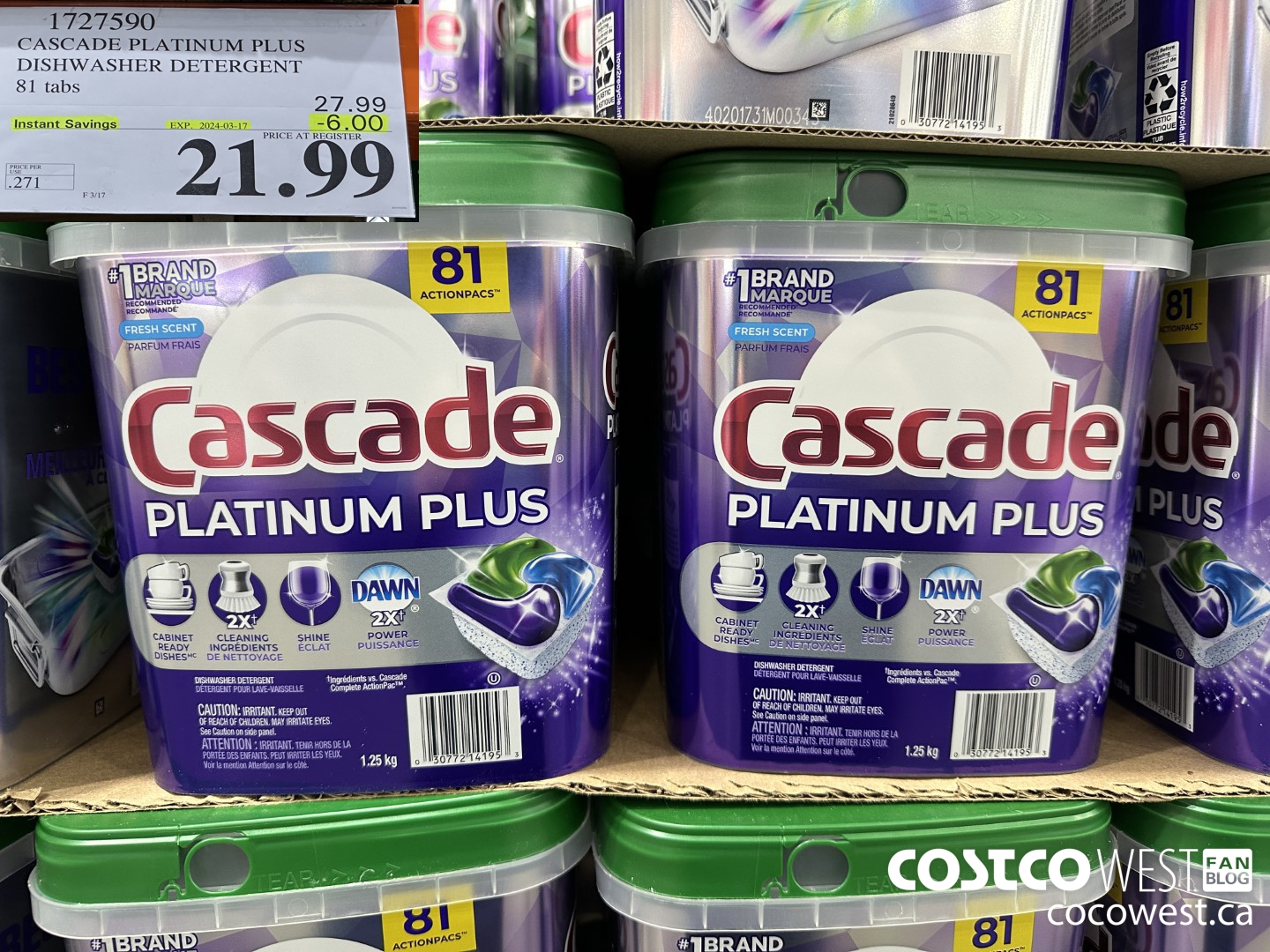 1727590 CASCADE PLATINUM PLUS DISHWASHER DETERGENT 81 TABS ($6.00 INSTANT SAVINGS EXPIRES ON 2024-03-17) $21.99