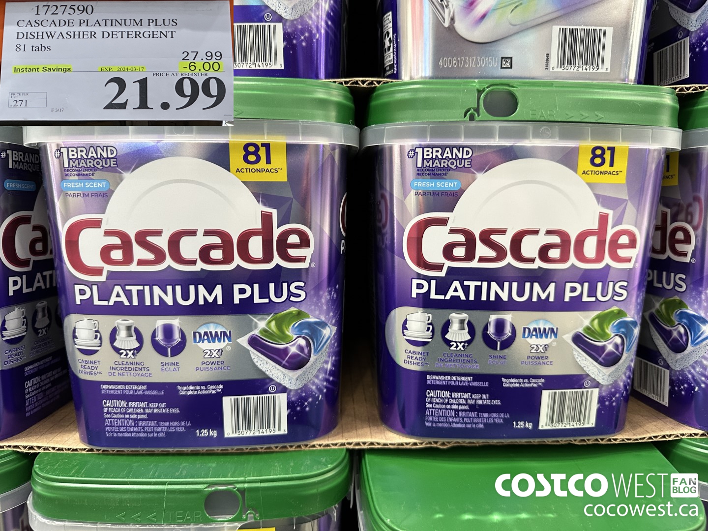 1727590 CASCADE PLATINUM PLUS DISHWASHER DETERGENT 81 TABS ($6.00 INSTANT SAVINGS EXPIRES ON 2024-03-17) $21.99