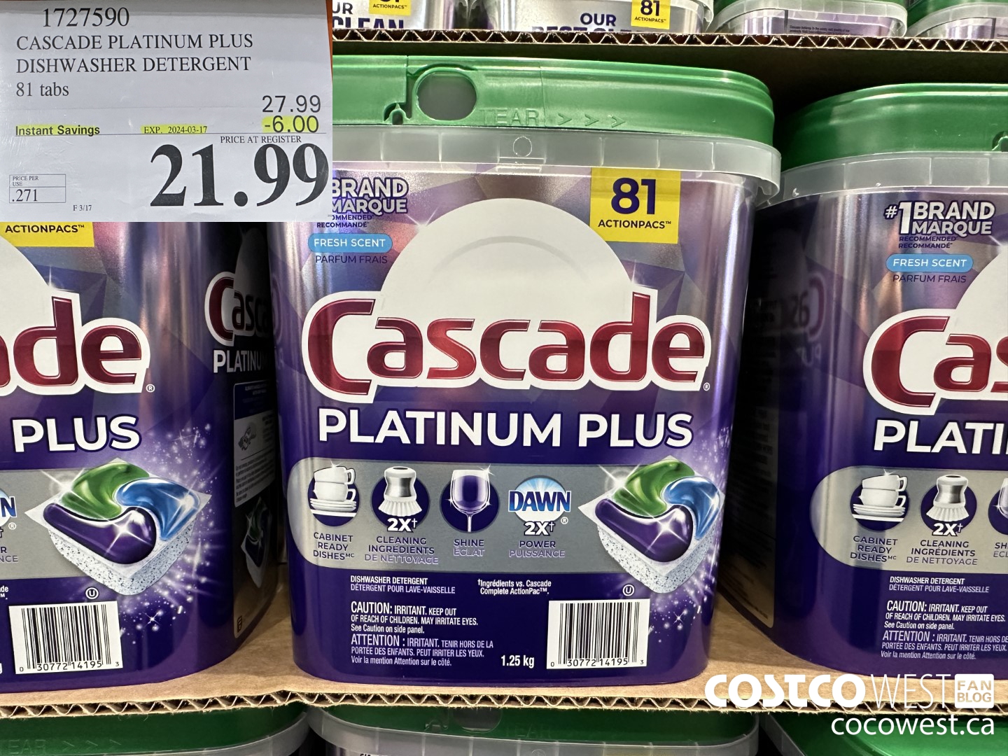 1727590 CASCADE PLATINUM PLUS DISHWASHER DETERGENT 81 TABS ($6.00 INSTANT SAVINGS EXPIRES ON 2024-03-17) $21.99