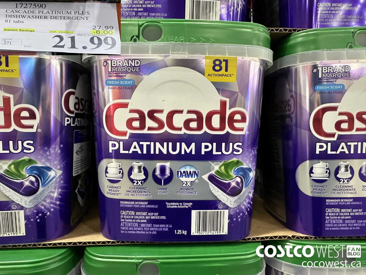 1727590 CASCADE PLATINUM PLUS DISHWASHER DETERGENT 81 TABS ($6.00 INSTANT SAVINGS EXPIRES ON 2024-03-17) $21.99