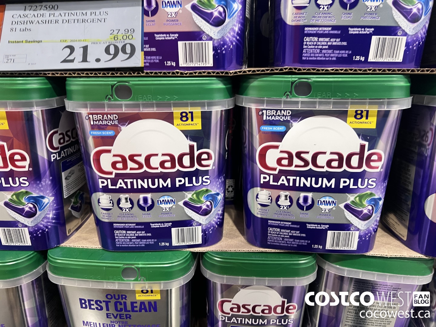 1727590 CASCADE PLATINUM PLUS DISHWASHER DETERGENT 81 TABS ($6.00 INSTANT SAVINGS EXPIRES ON 2024-03-17) $21.99