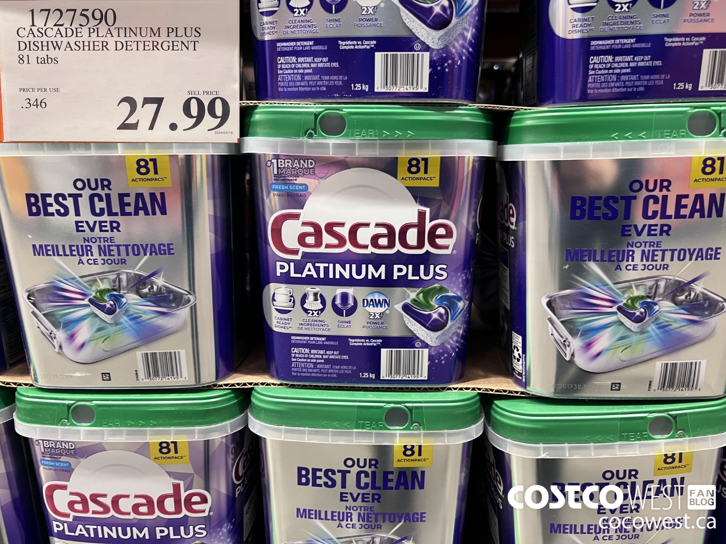 1727590 CASCADE PLATINUM PLUS DISHWASHER DETERGENT 81 TABS $27.99