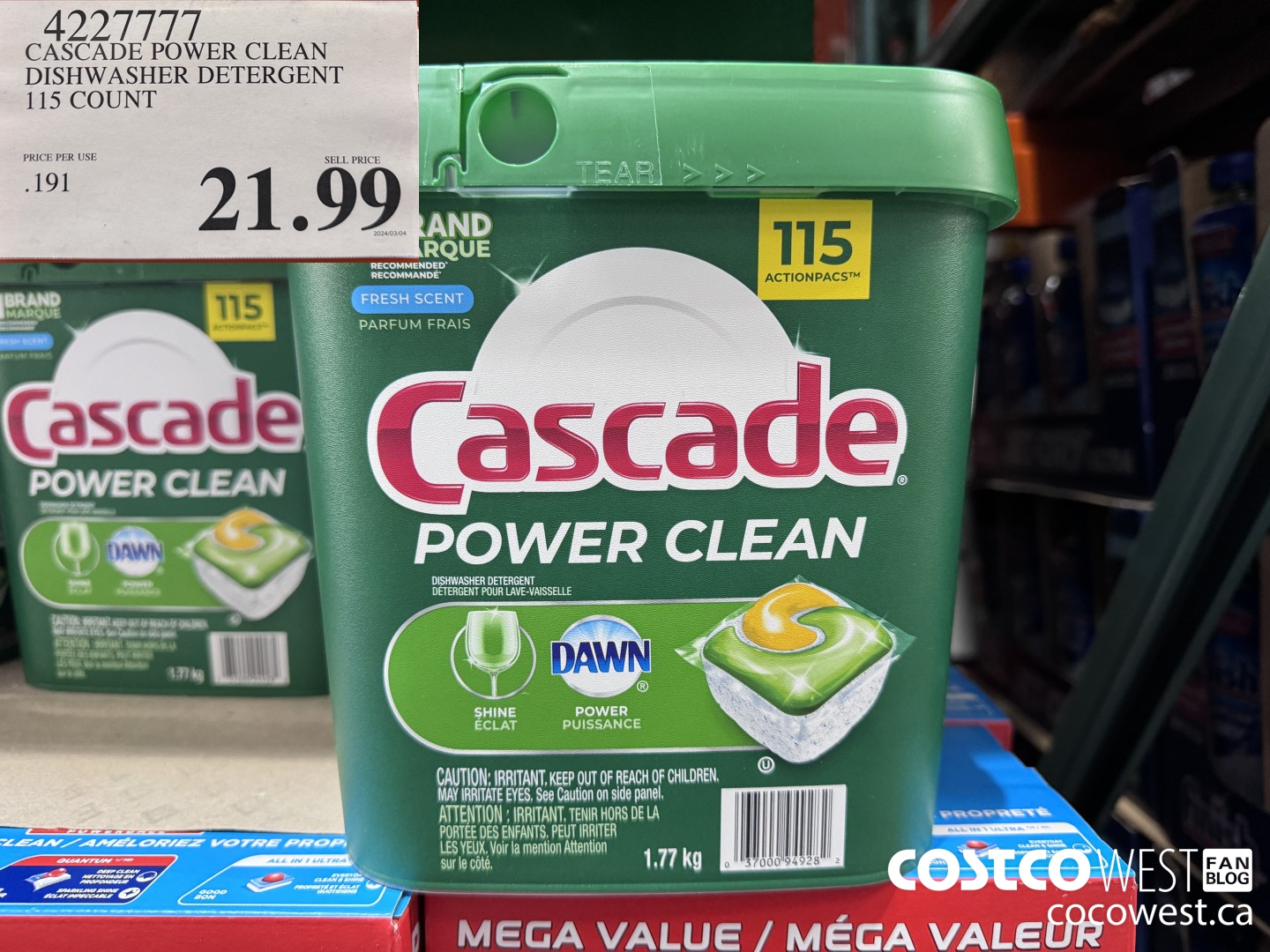 4227777 CASCADE POWER CLEAN DISHWASHER DETERGENT 115 COUNT $21.99