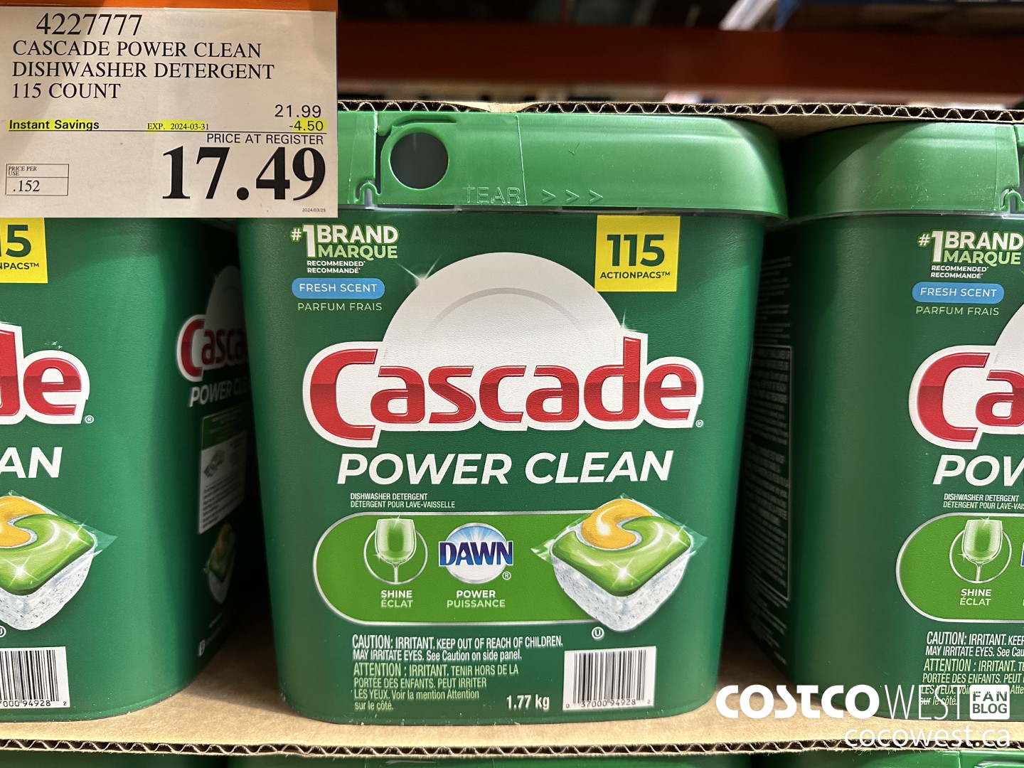 4227777 CASCADE POWER CLEAN DISHWASHER DETERGENT 115 COUNT ($4.50 INSTANT SAVINGS EXPIRES ON 2024-03-31) $17.49