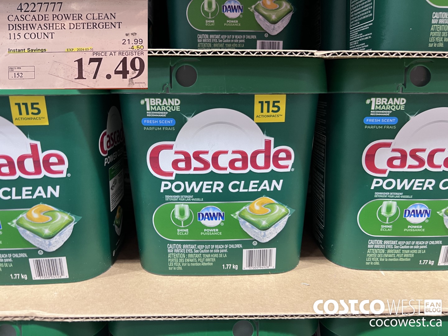 4227777 CASCADE POWER CLEAN DISHWASHER DETERGENT 115 COUNT ($4.50 INSTANT SAVINGS EXPIRES ON 2024-03-31) $17.49