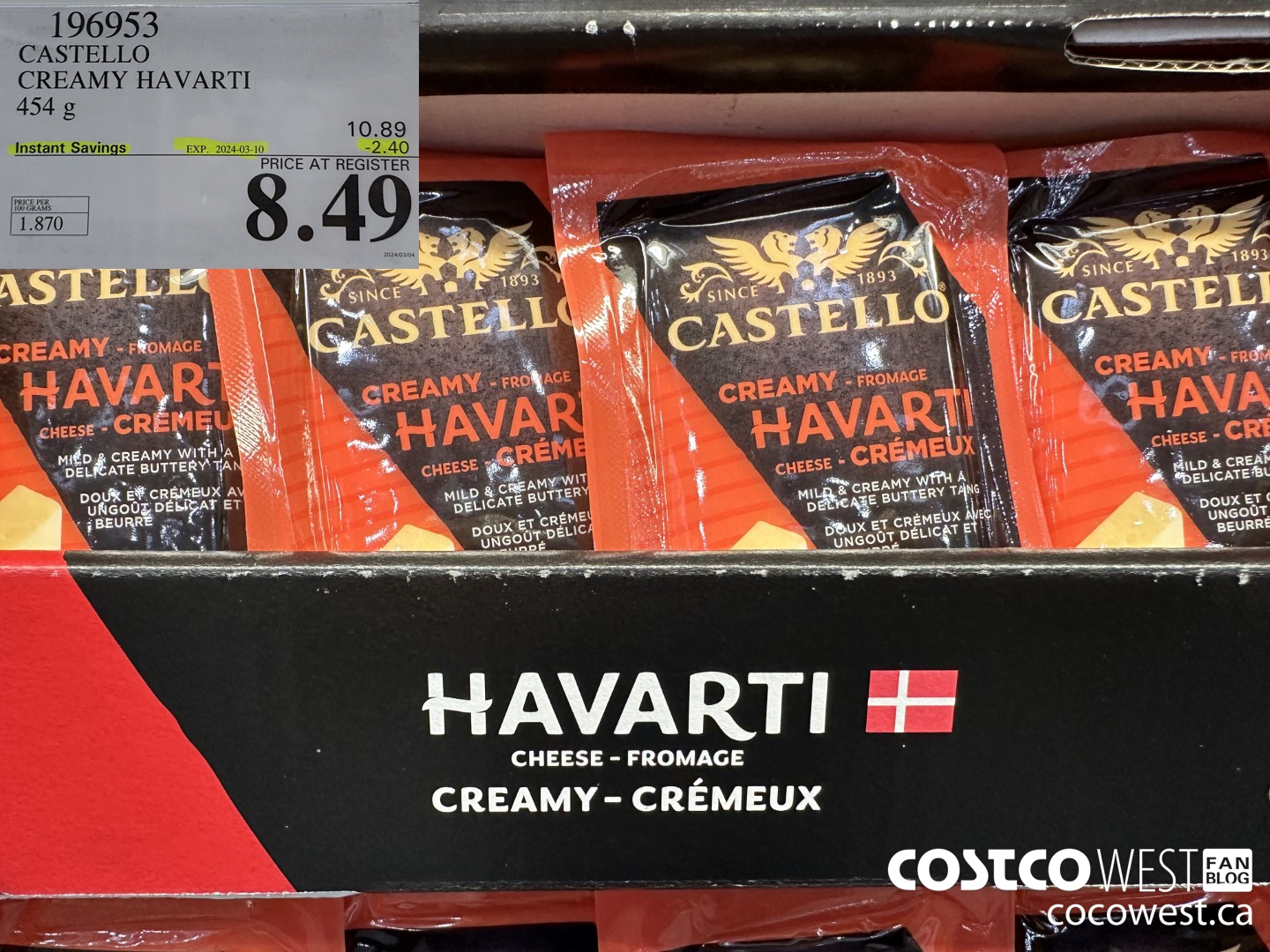 196953 CASTELLO CREAMY HAVARTI 454 g ($2.40 INSTANT SAVINGS EXPIRES ON 2024-03-10) $8.49
