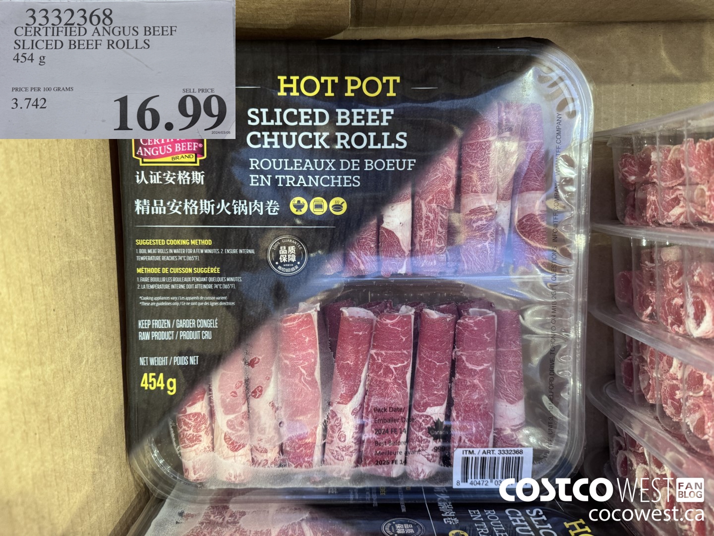 3332368 CERTIFIED ANGUS BEEF SLICED BEEF ROLLS 454 G $16.99