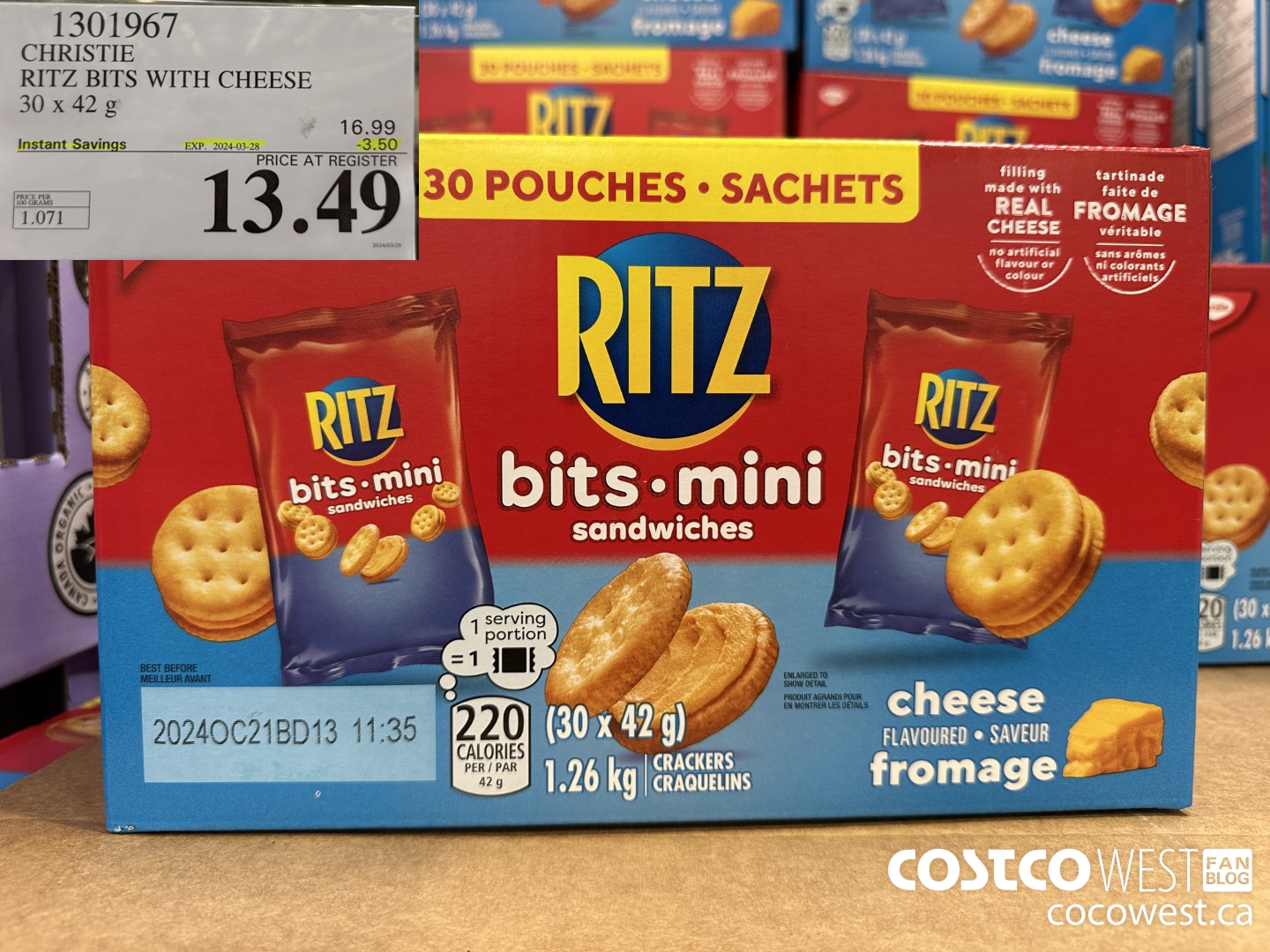 1301967 CHRISTIE RITZ BITS WITH CHEESE 30 x 42 g ($3.50 INSTANT SAVINGS EXPIRES ON 2024-03-28) $13.49