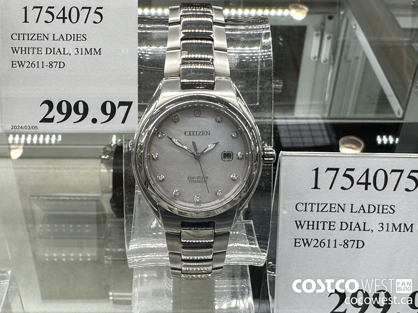 1754075 CITIZEN LADIES WHITE DIAL 31MM EW2611-87D $299.97