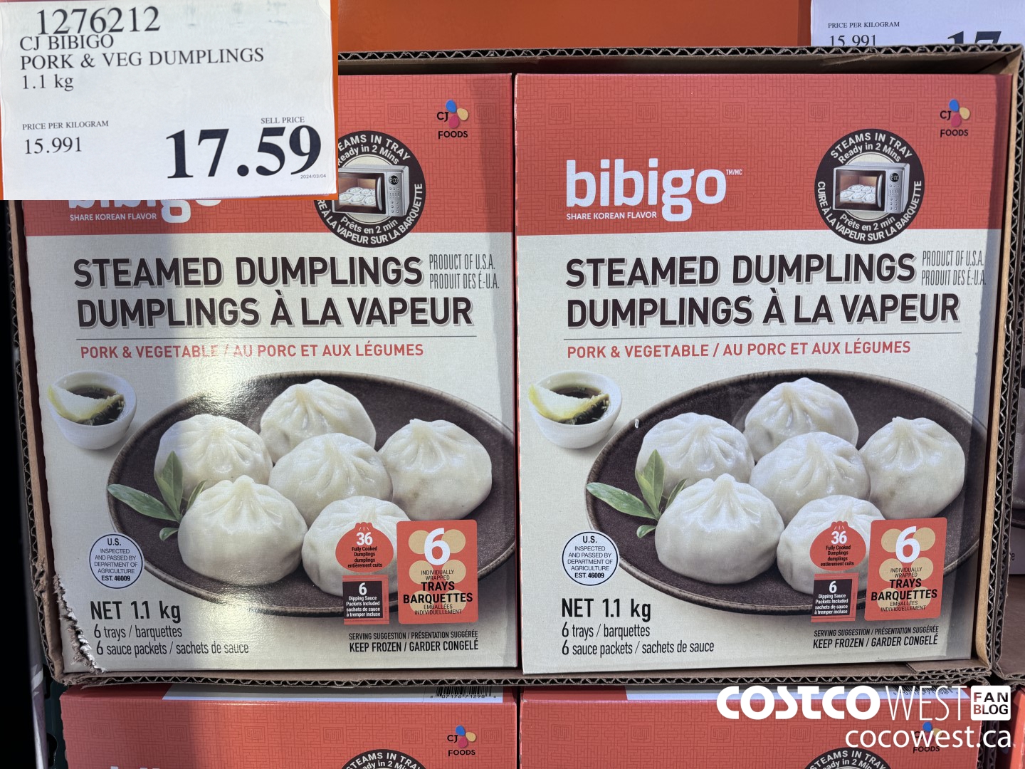 1276212 CJ BIBIGO PORK & VEG DUMPLINGS 1.1KG $17.59