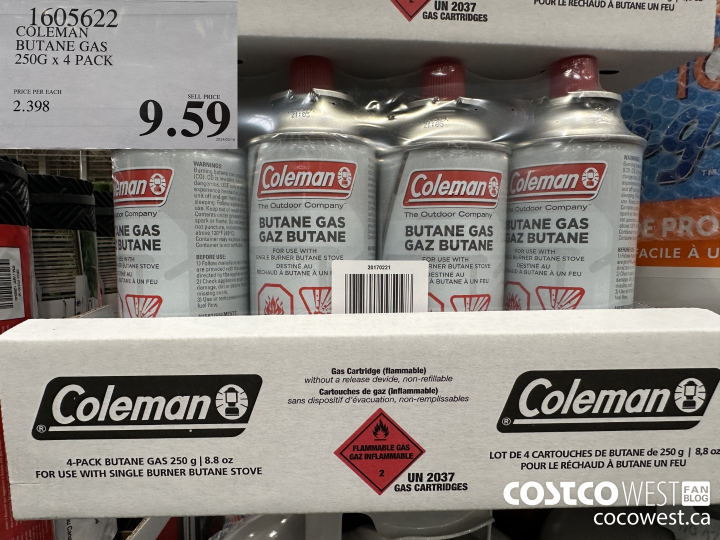 1605622 COLEMAN BUTANE GAS 250G x 4 PACK $9.59